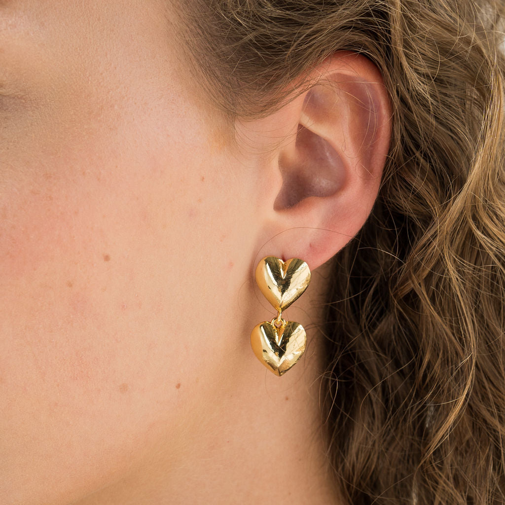 24K Gold Double Heart Drop Earrings