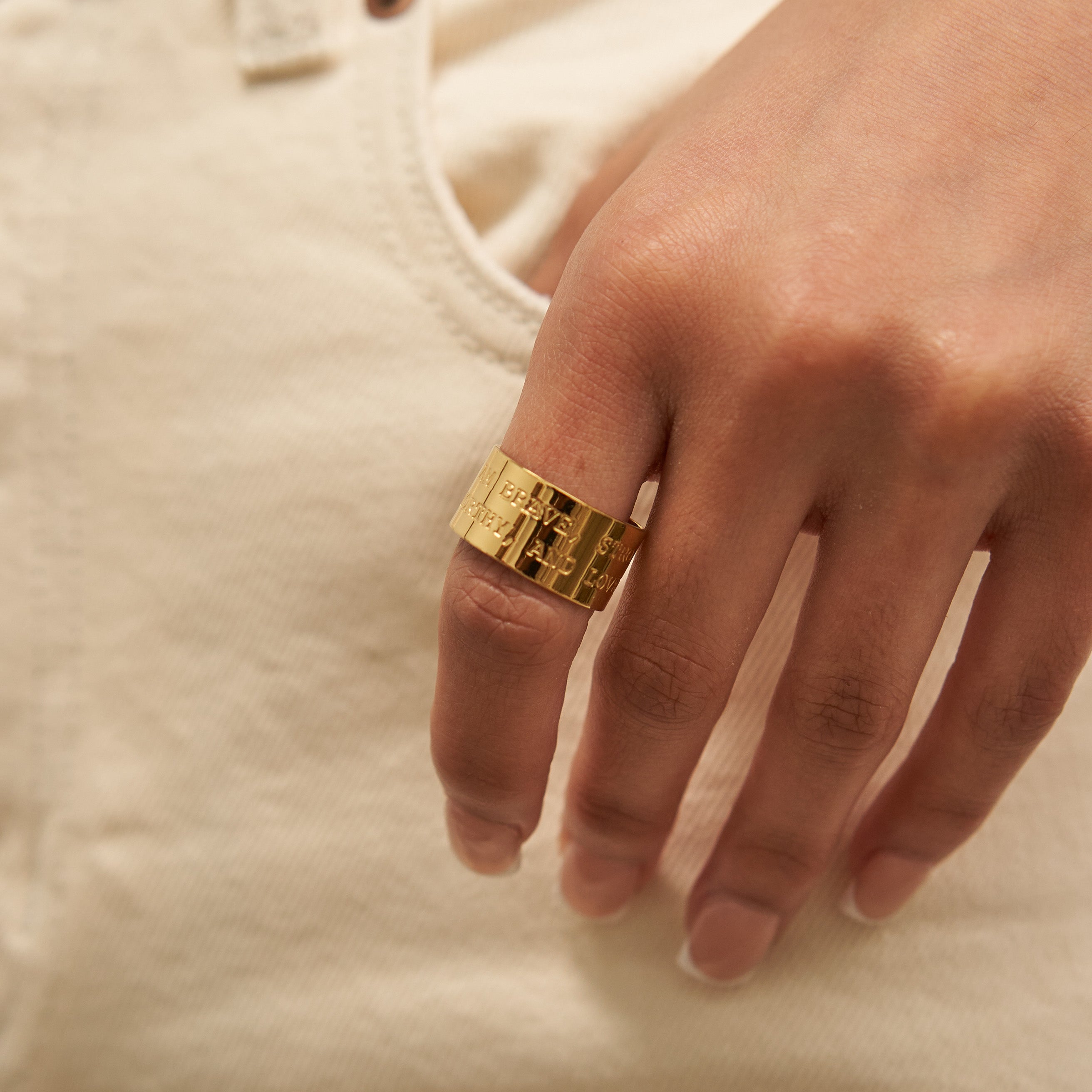 Waterproof Gold Brave, Strong, Worthy Statement Ring Band