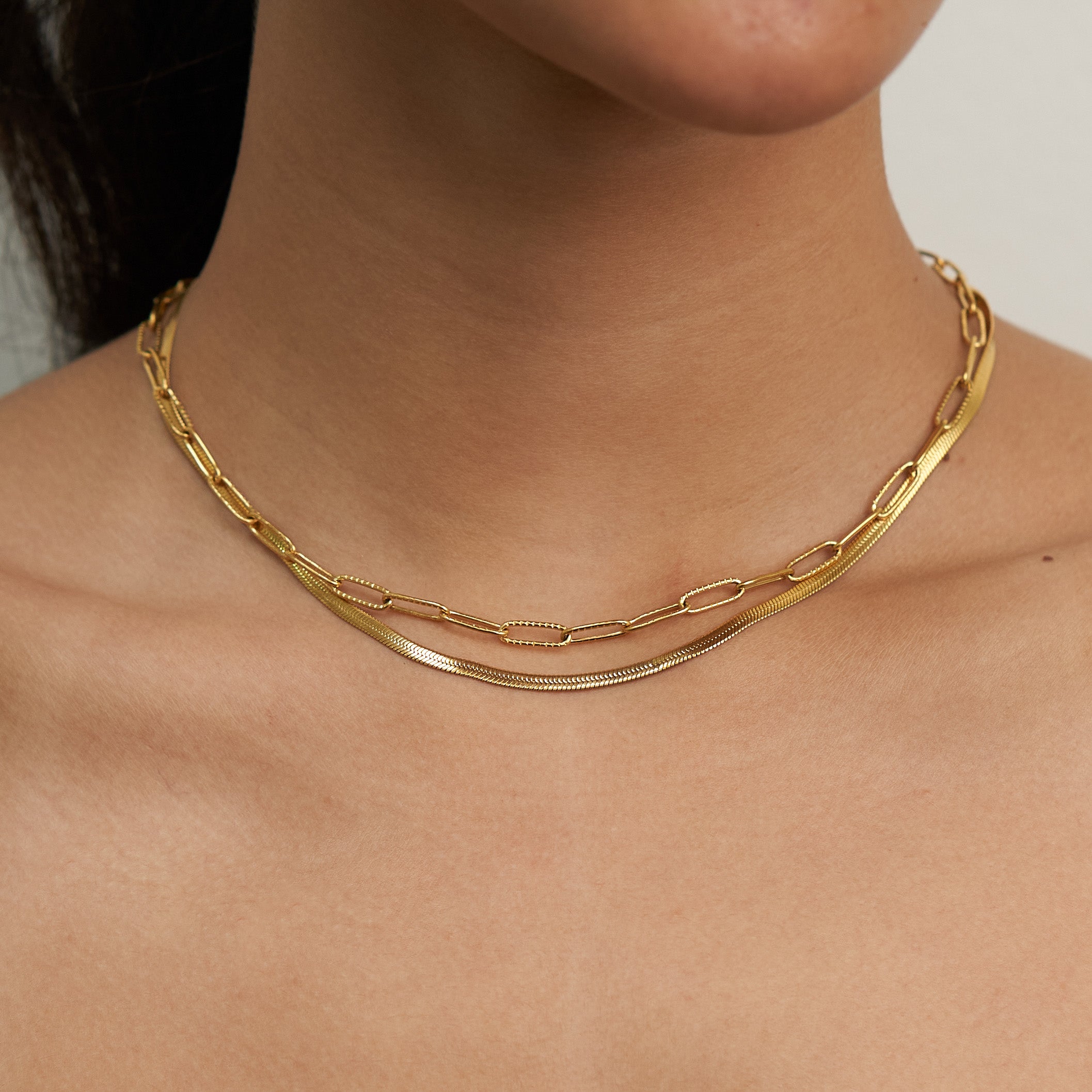 Waterproof Gold Herringbone Layered Necklace