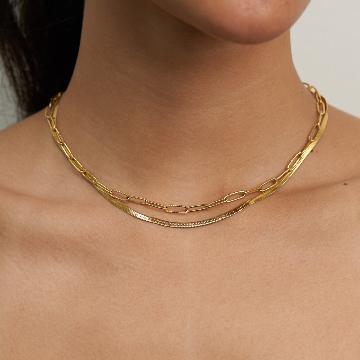 Waterproof Gold Herringbone Layered Necklace