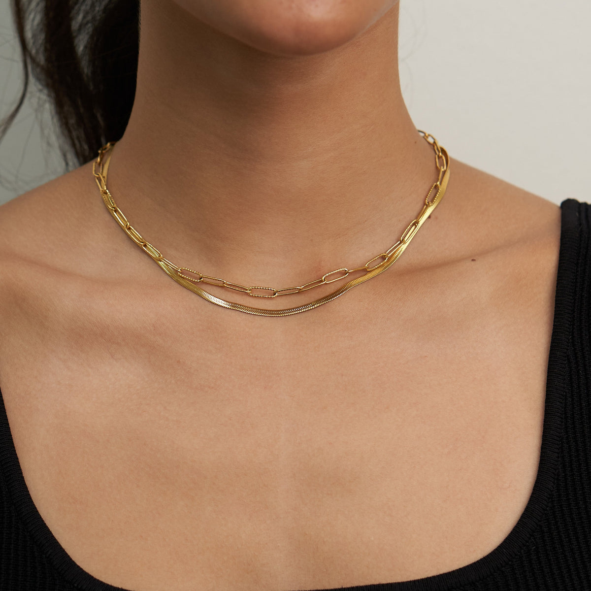 Waterproof Gold Herringbone Layered Necklace