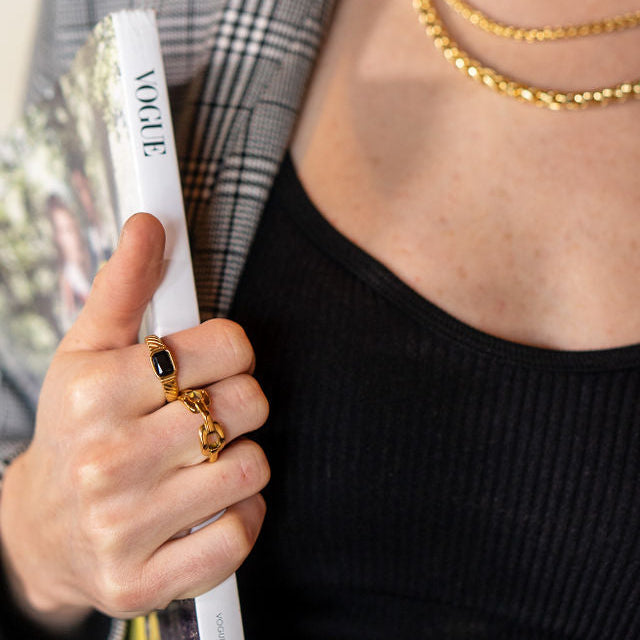 Waterproof Gold Black Stone Ring Twisted