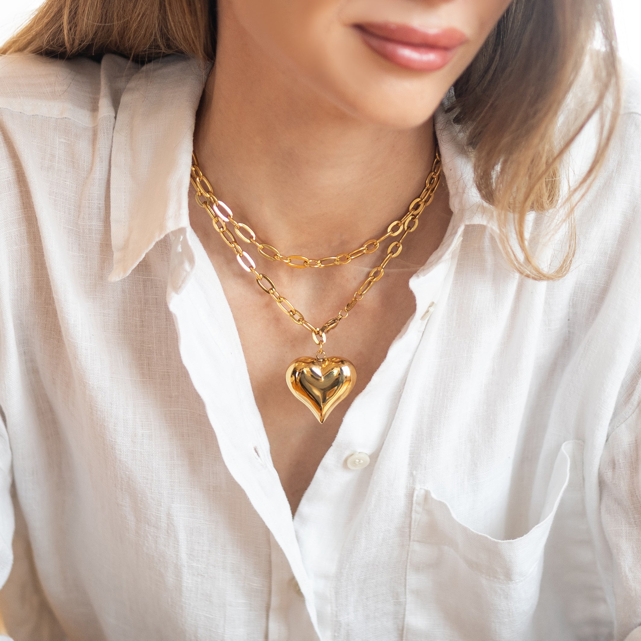 Waterproof Gold Statement Adjustable PUFFY Heart Necklace