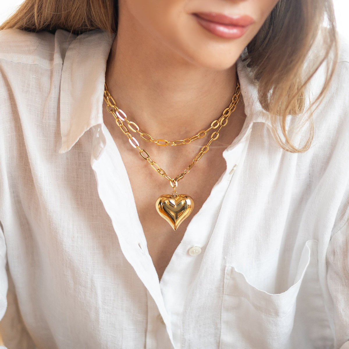 Waterproof Gold Statement Adjustable PUFFY Heart Necklace