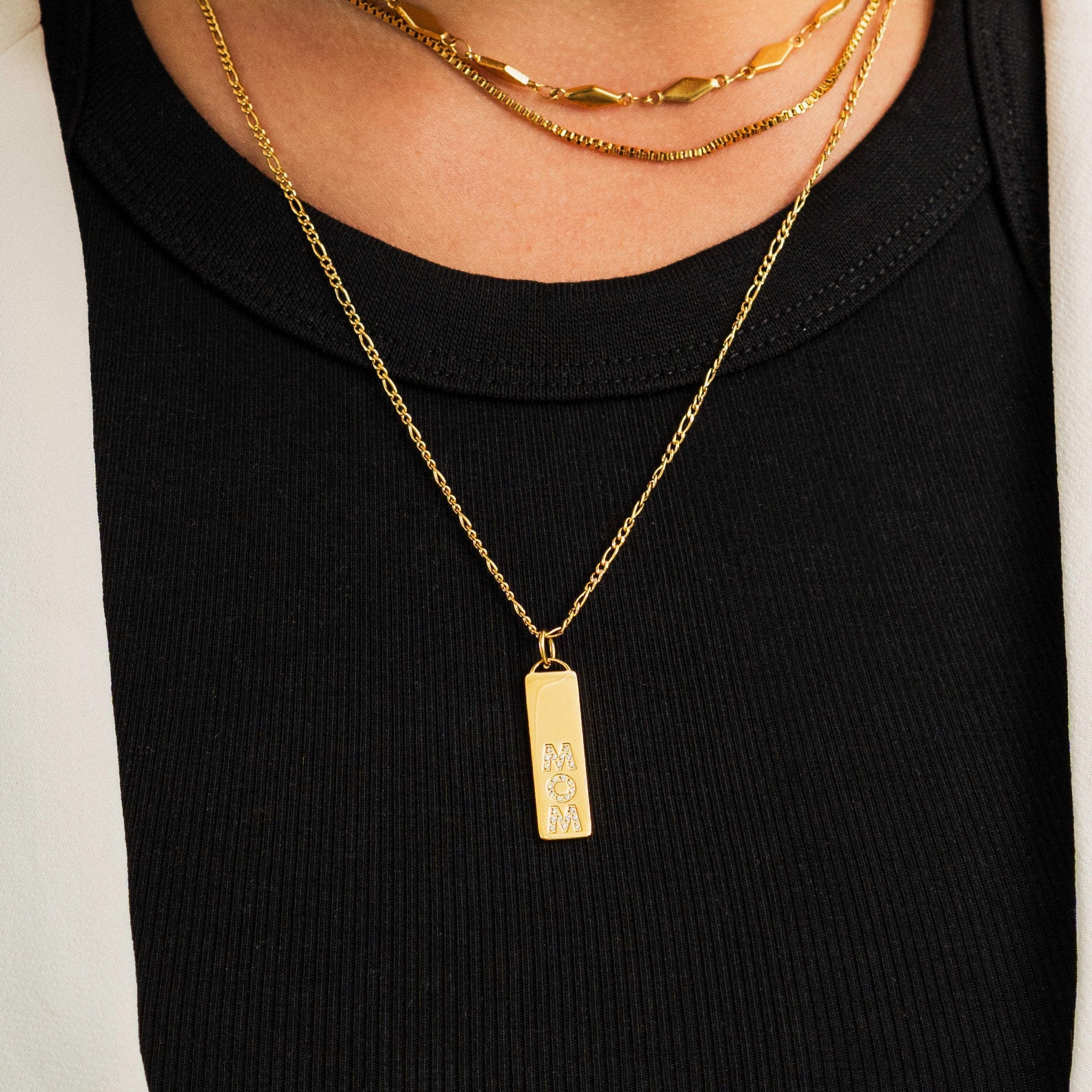 Waterproof Gold Diamond Mom Bar Necklace