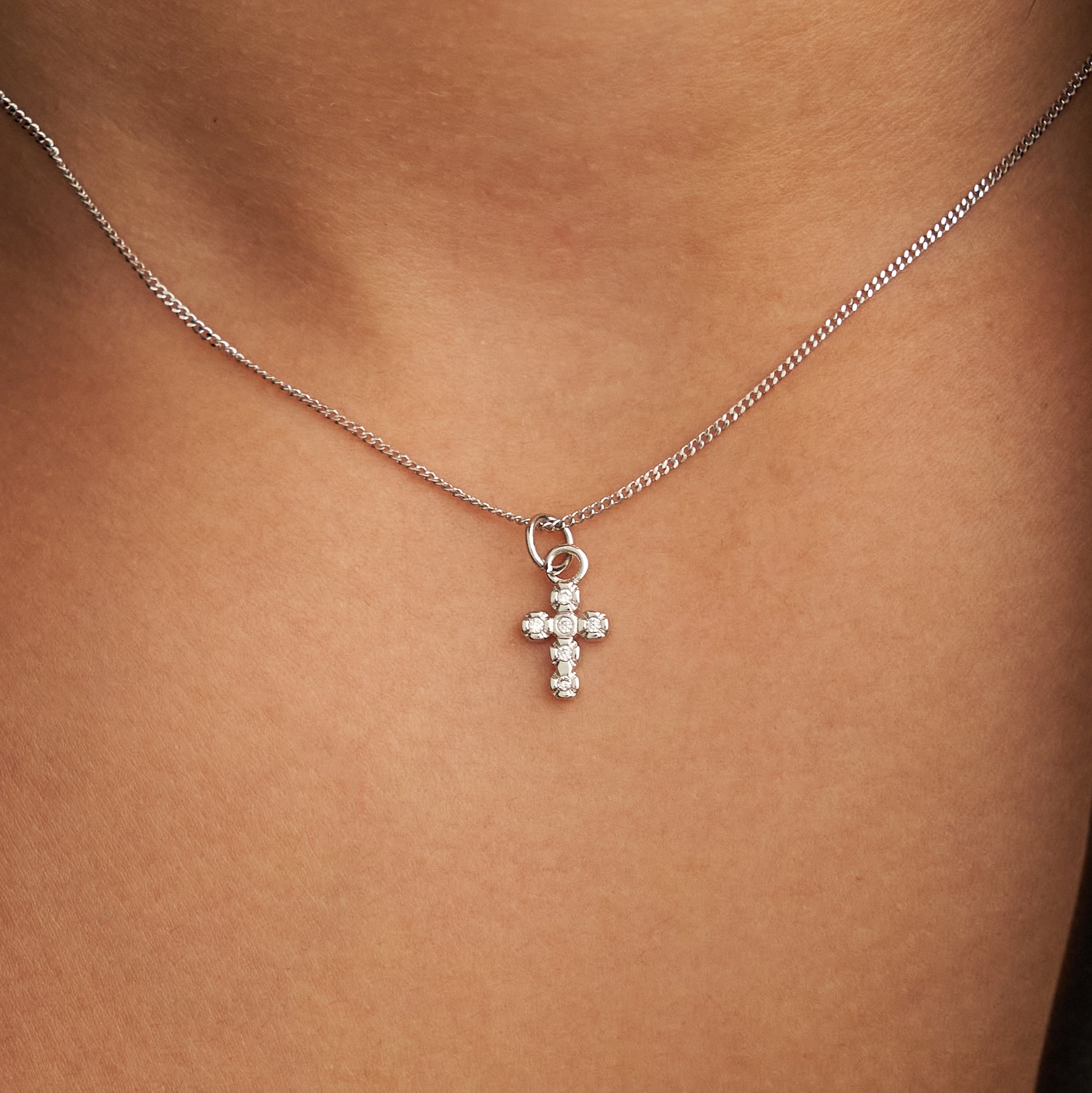 Demi-Fine Siver Dainty Diamond Cross Necklace