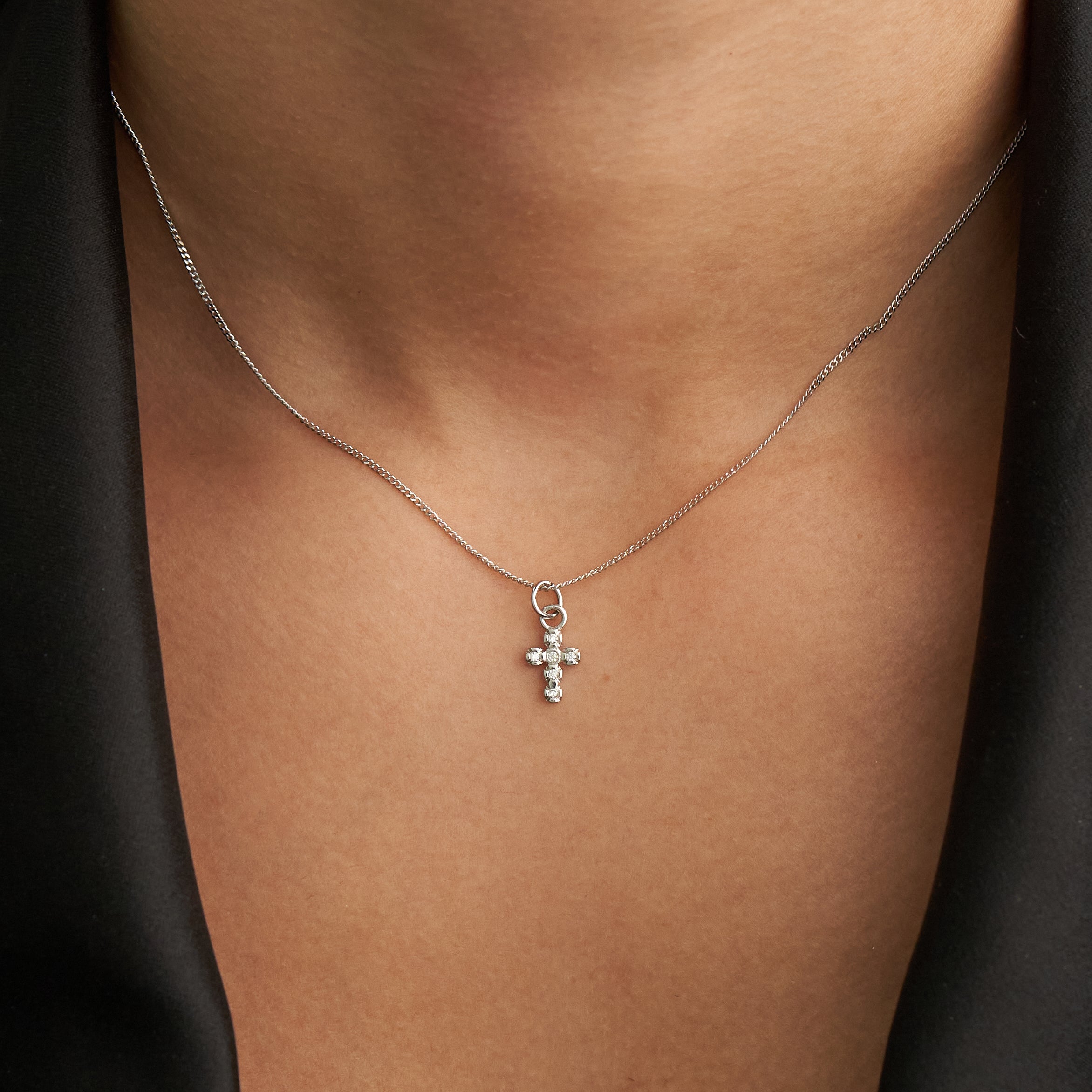 Demi-Fine Siver Dainty Diamond Cross Necklace