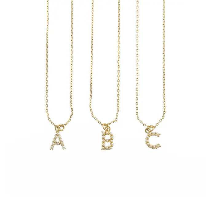 18K Gold Dainty Pearl Initial Pendant Necklace Set of 16