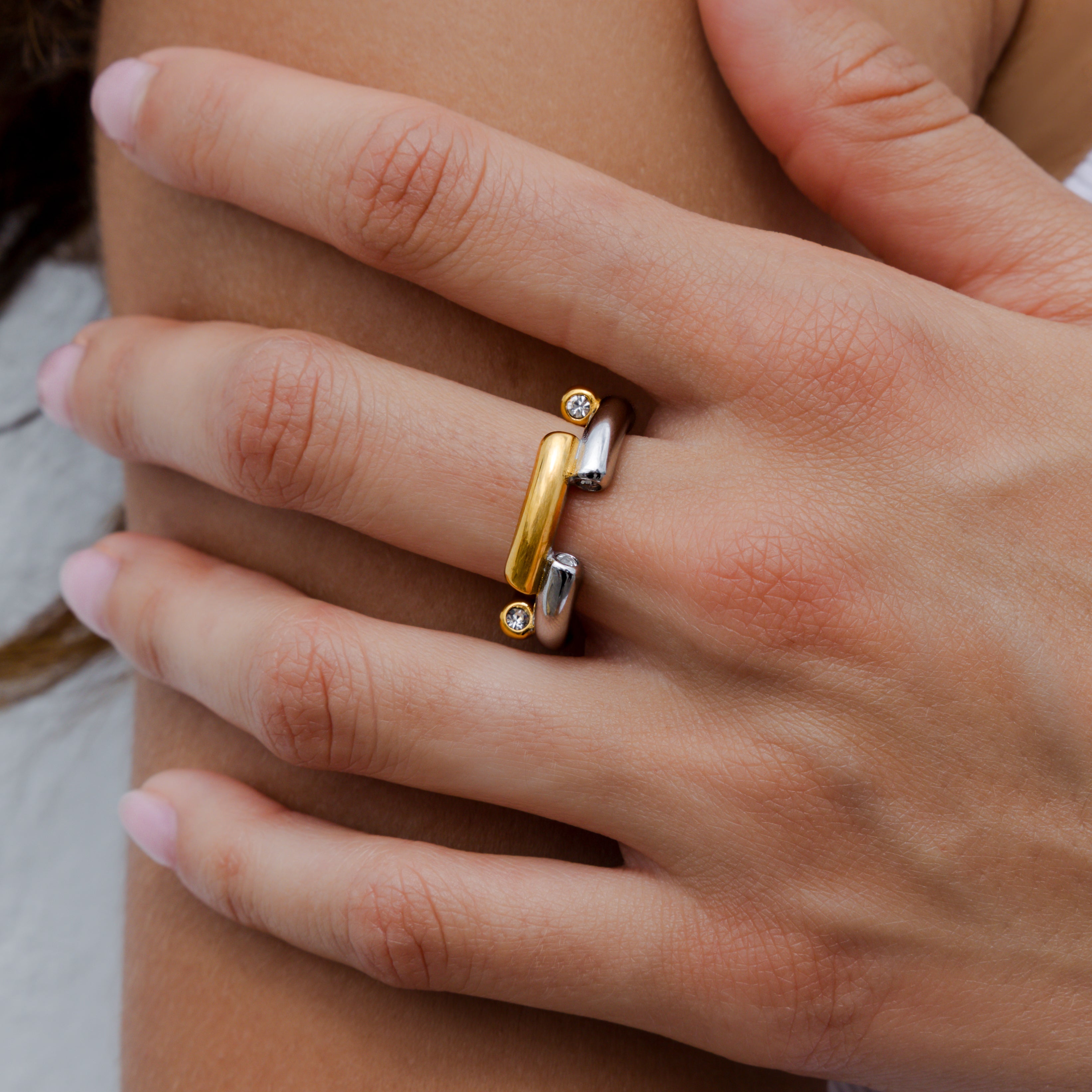 Waterproof Two-Tone Diamond Crystal Statement Ring