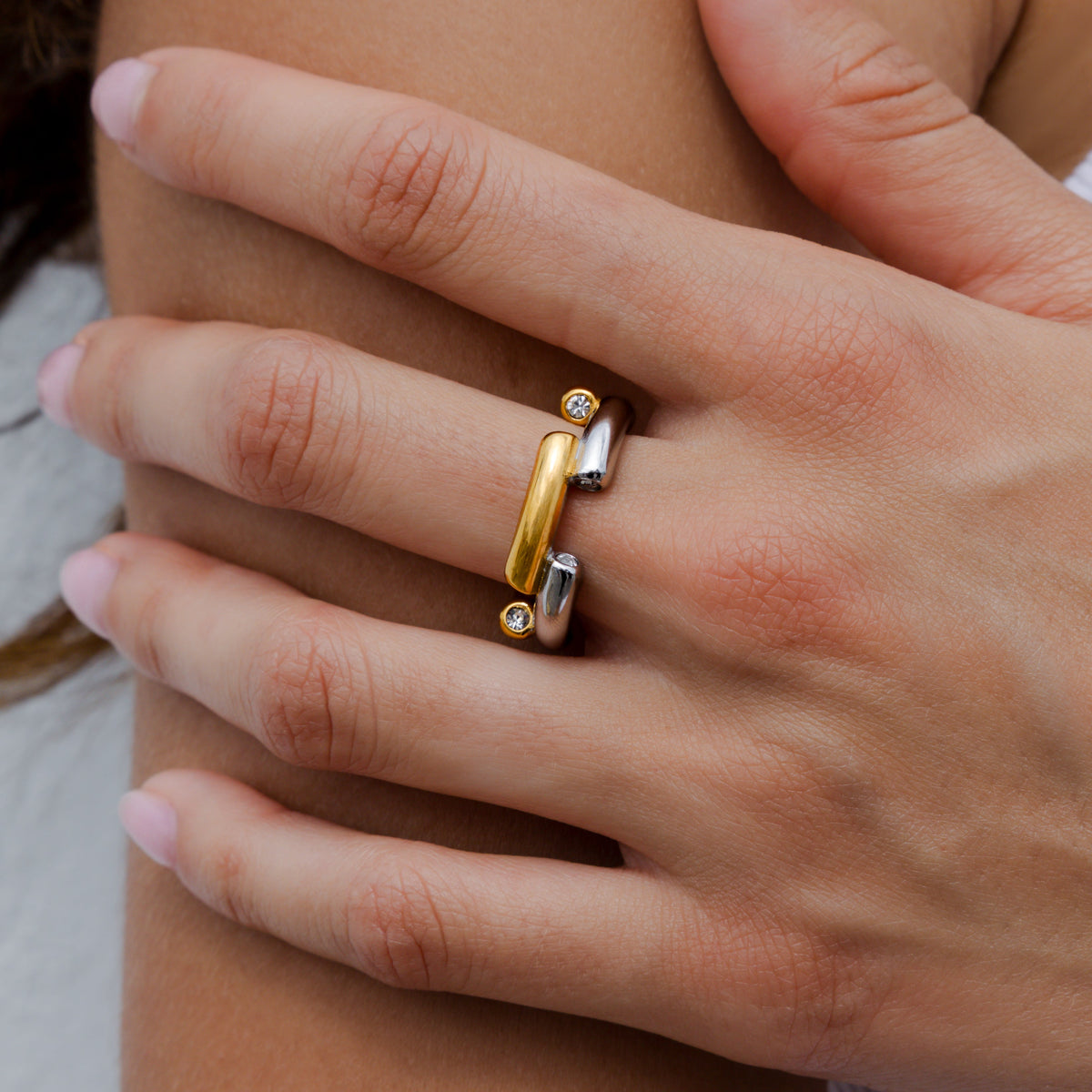 Waterproof Two-Tone Crystal Tennis Statement Ring