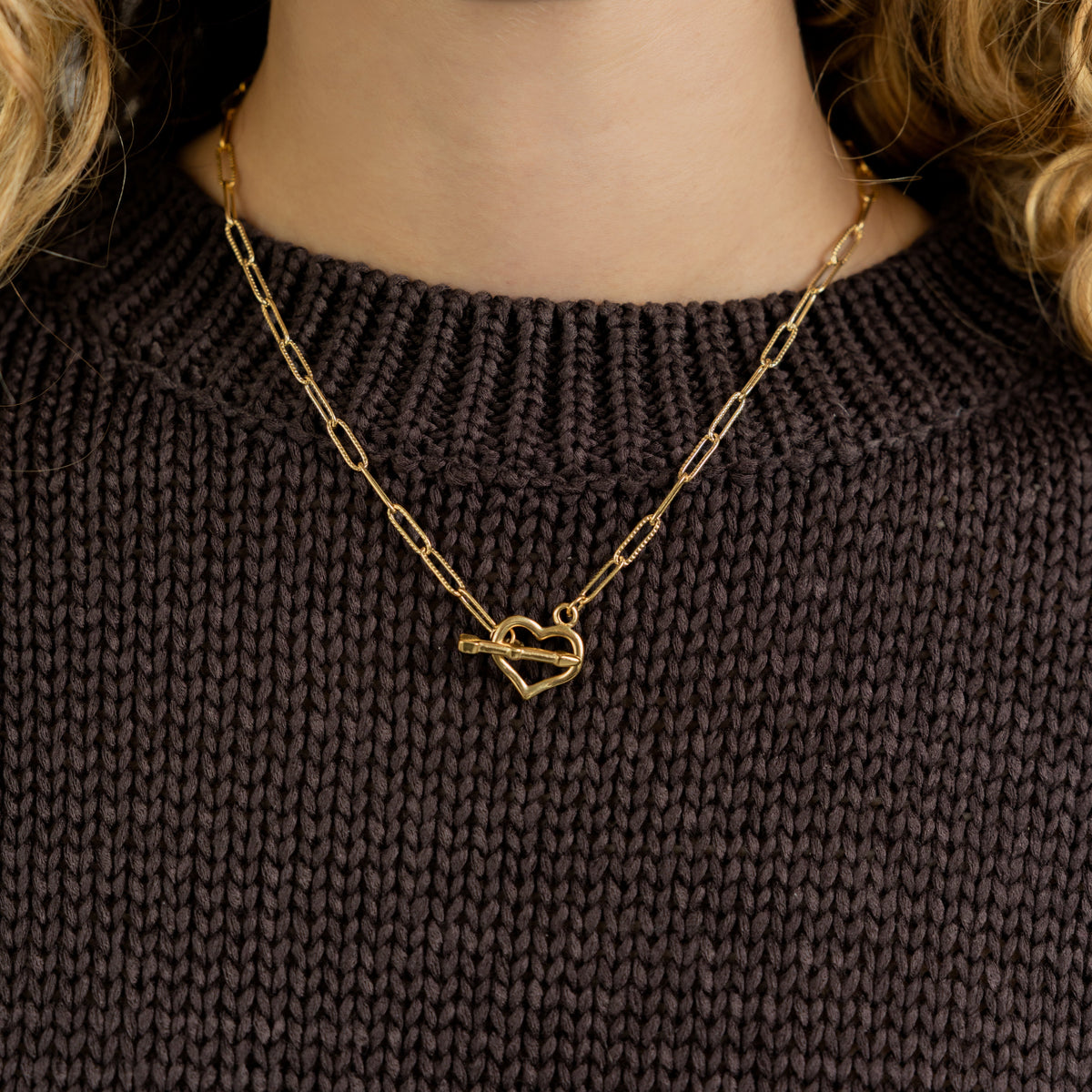 Waterproof Gold Heart Toggle Necklace