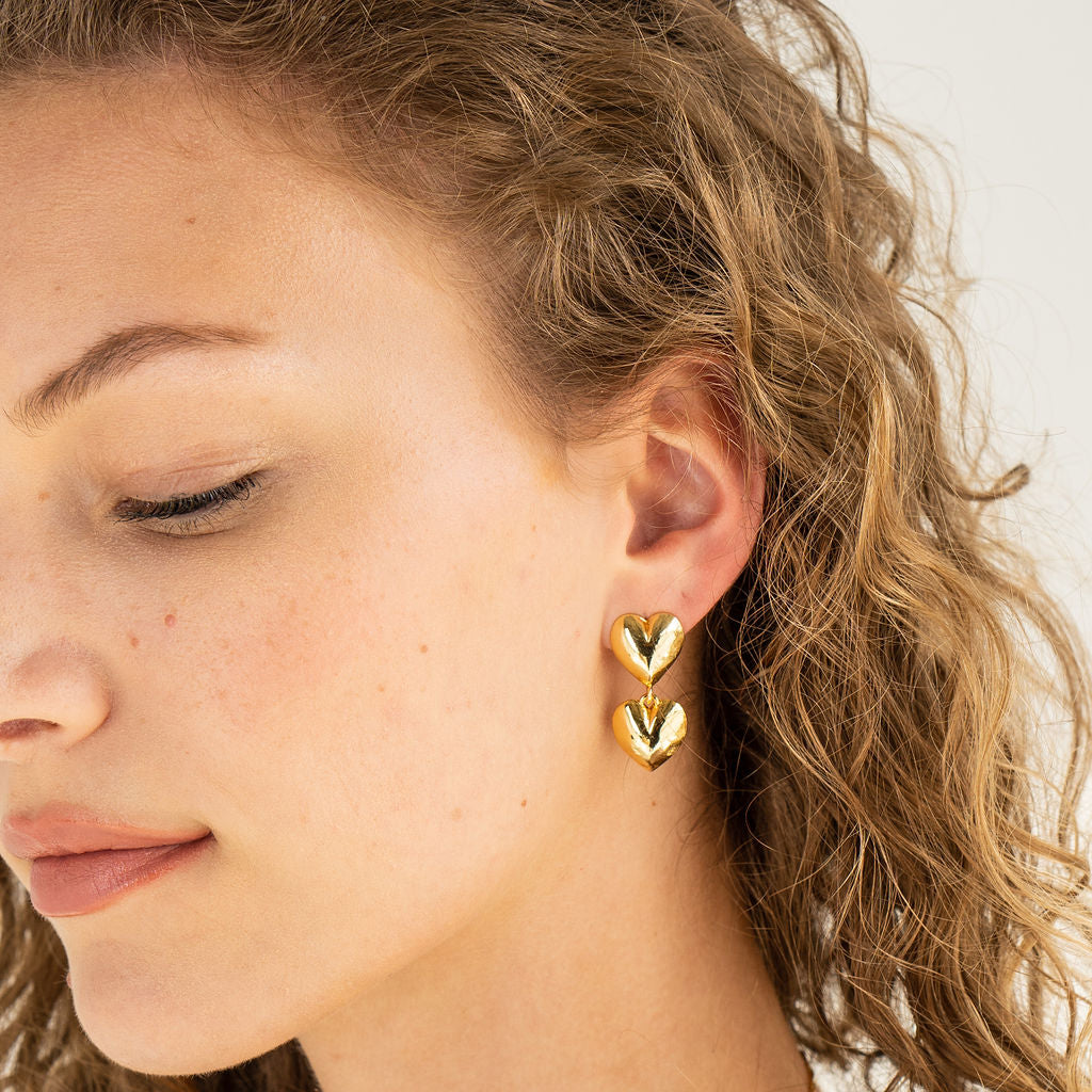 24K Gold Double Heart Drop Earrings