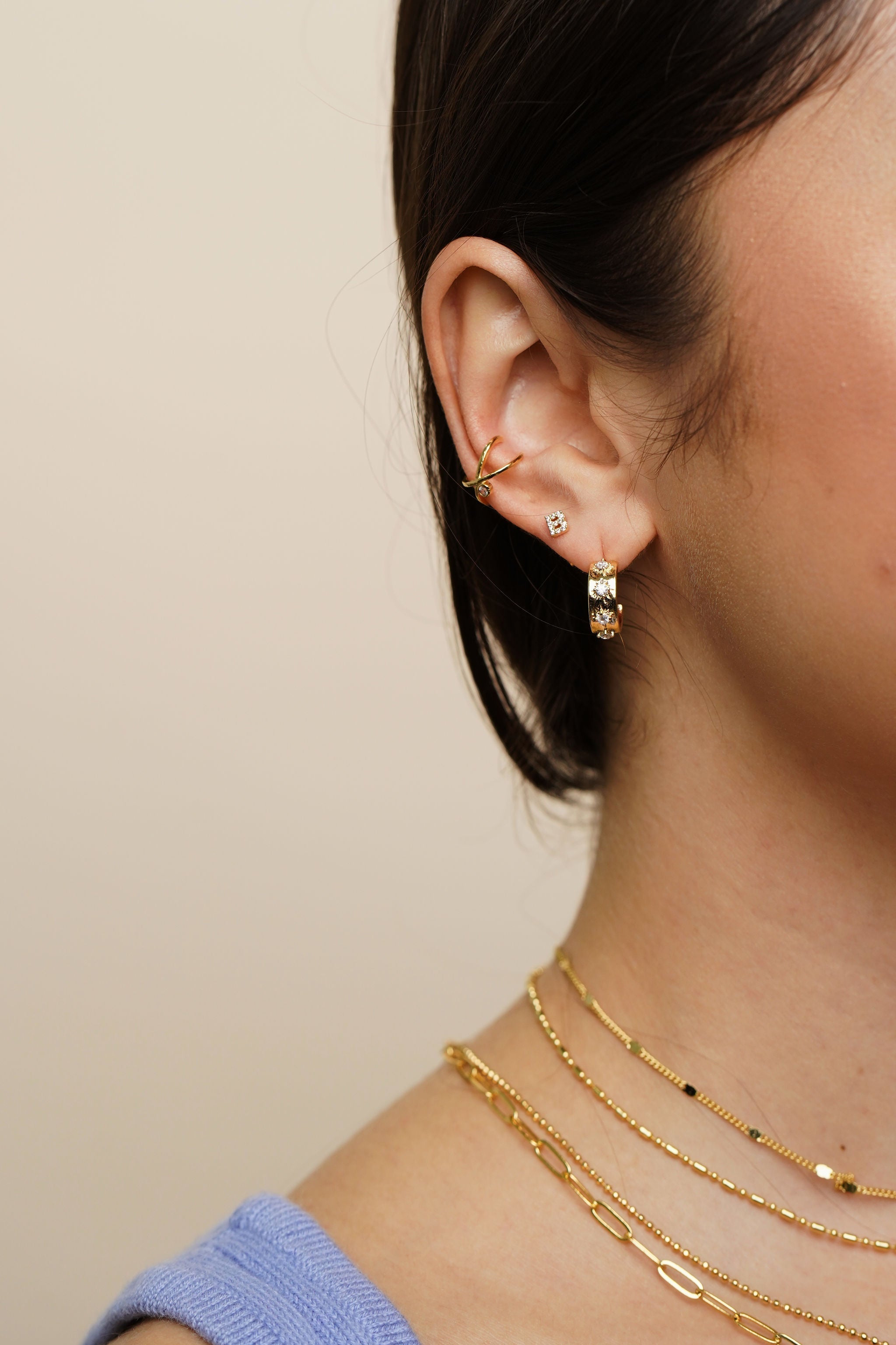 18K Gold Small Shiny Initial Studs