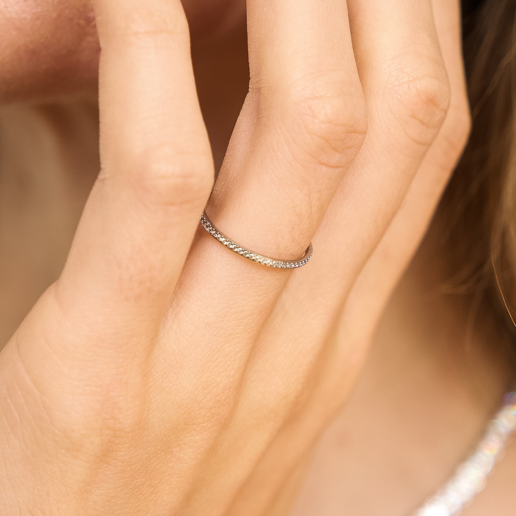 Waterproof Silver Dainty Diamond Ring Band