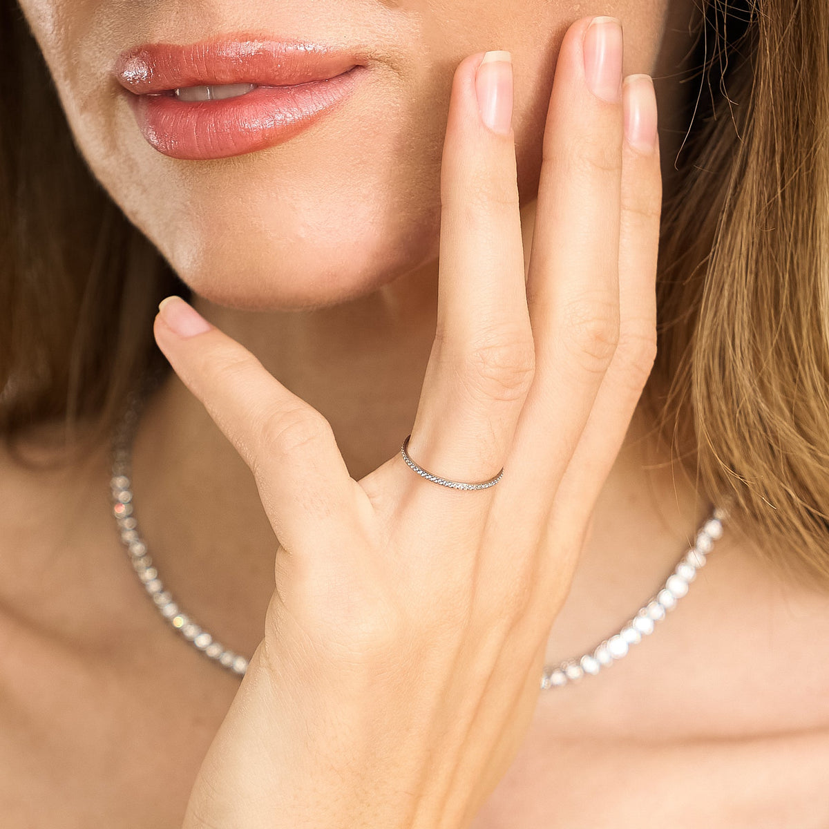 Waterproof Silver Dainty Tennis Ring Band