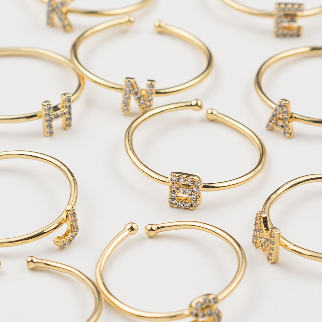 18K Gold Shiny Adjustable Initial Ring - Set of 16
