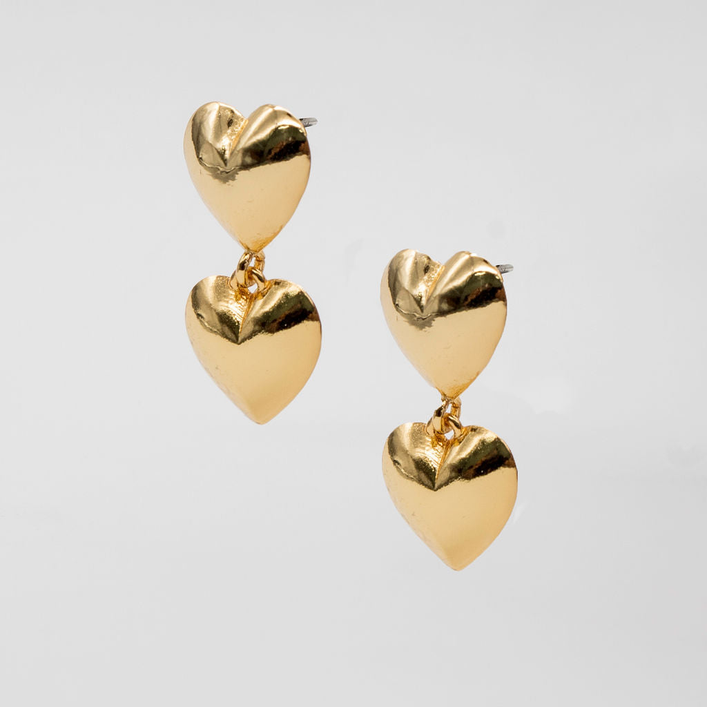 24K Gold Double Heart Drop Earrings