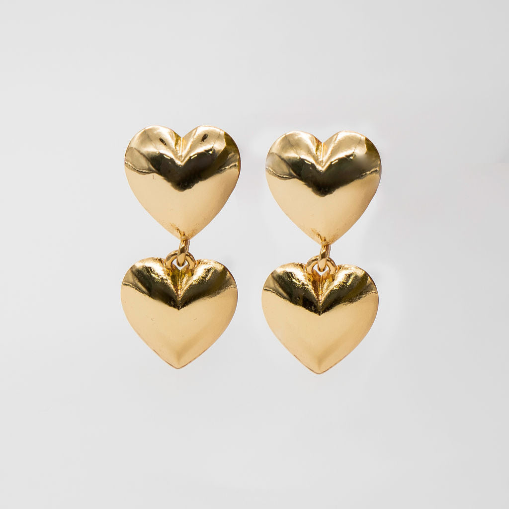 24K Gold Double Heart Drop Earrings