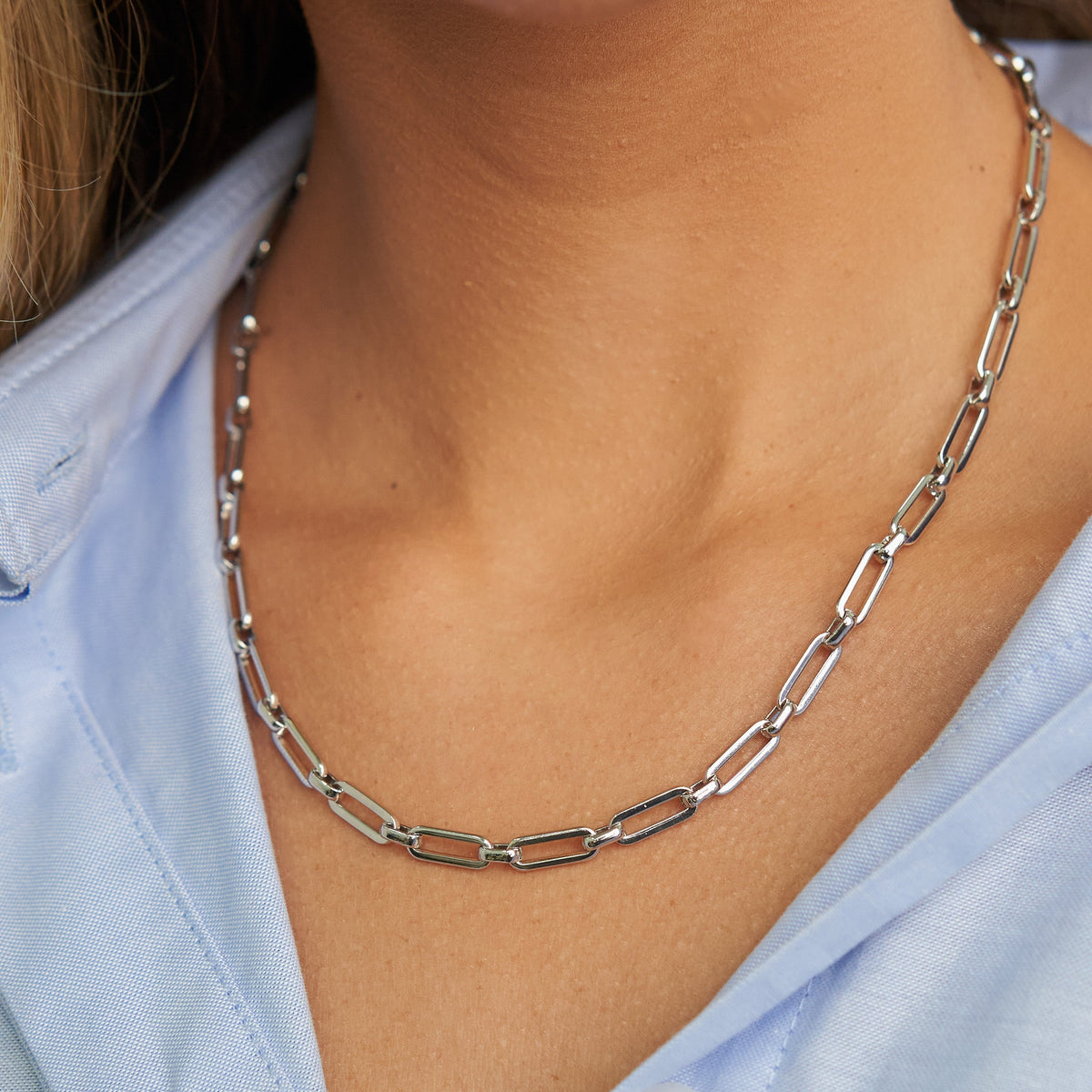 Waterproof Silver Paperclip Chain Necklace