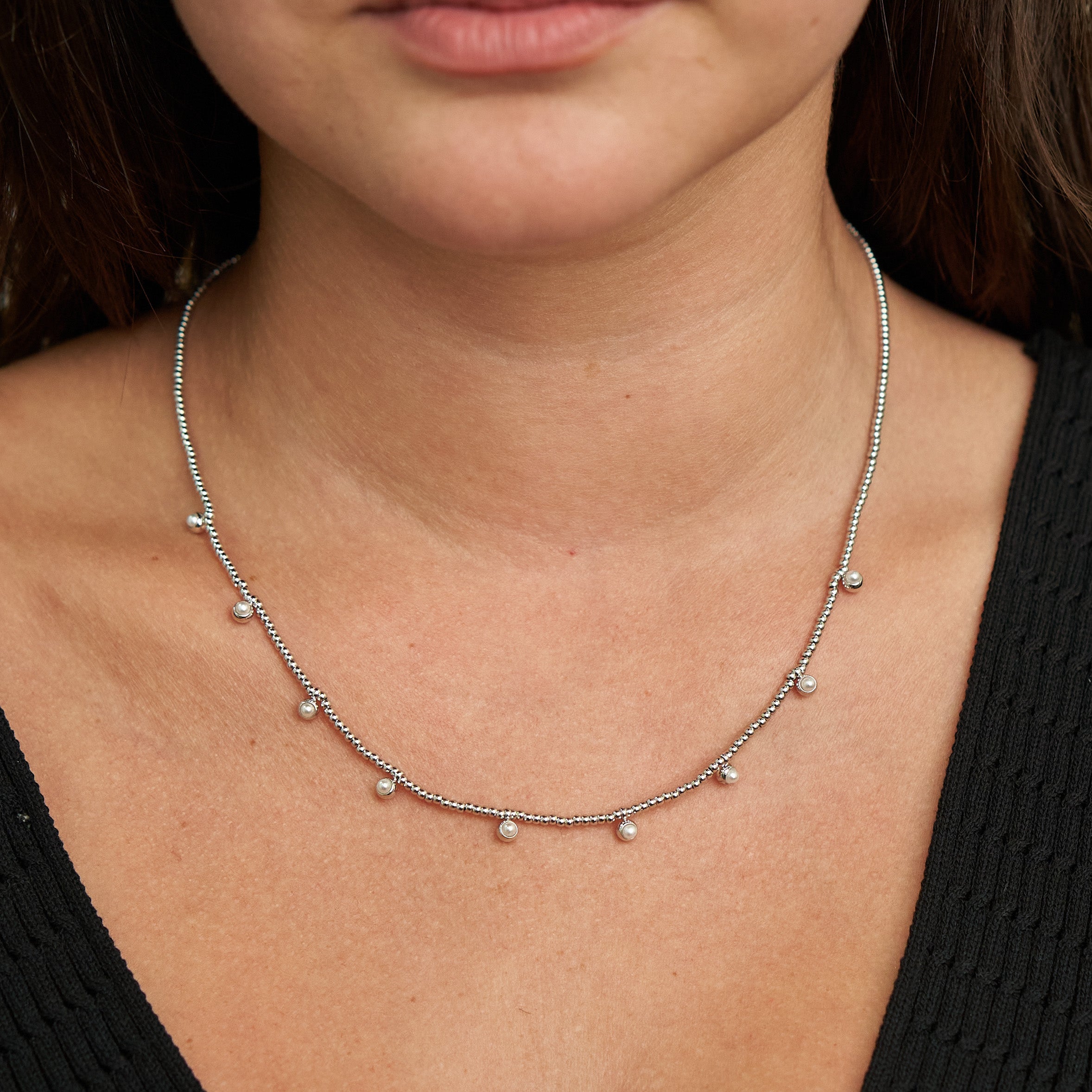 Waterproof Silver Beaded Pearls Necklace