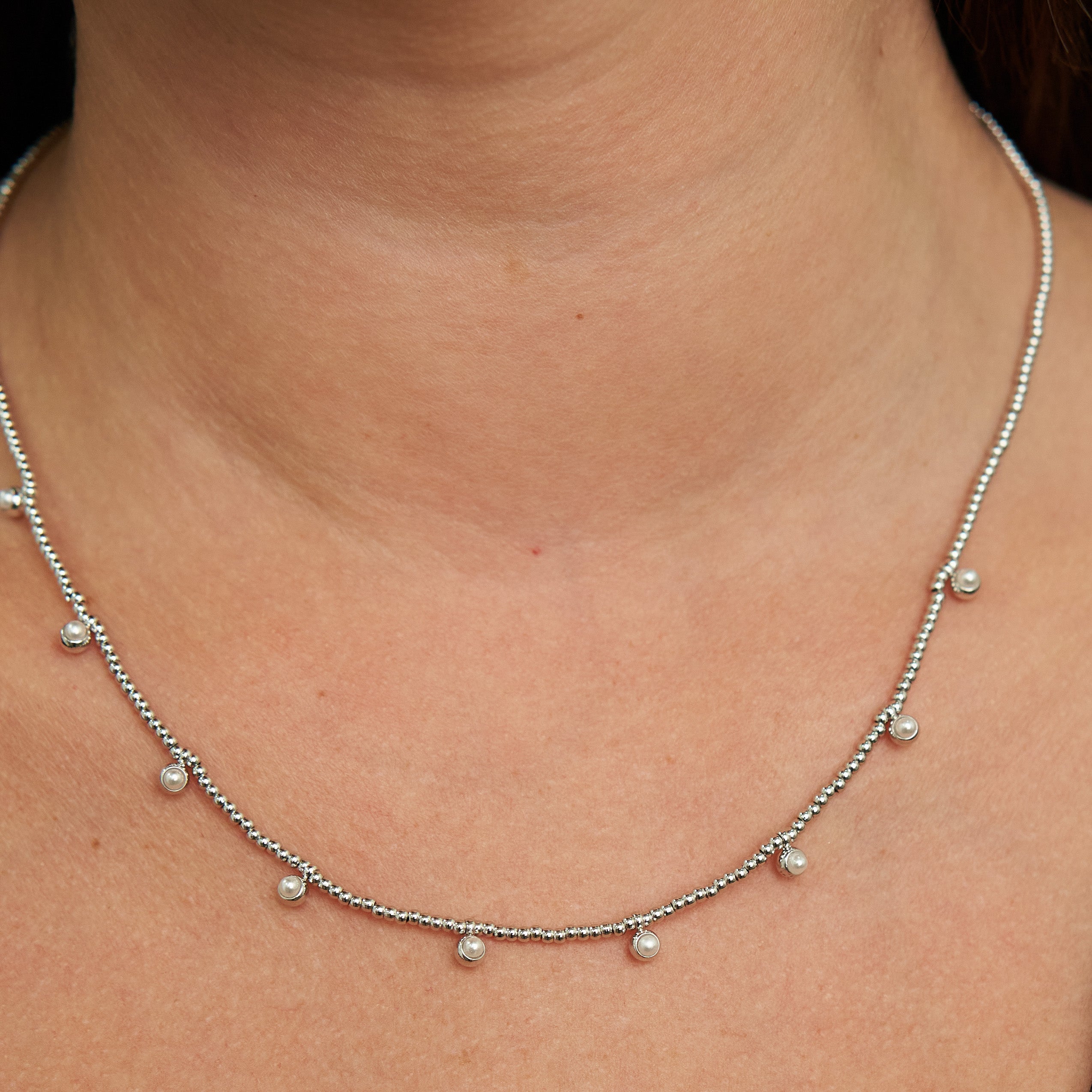Waterproof Silver Beaded Pearls Necklace