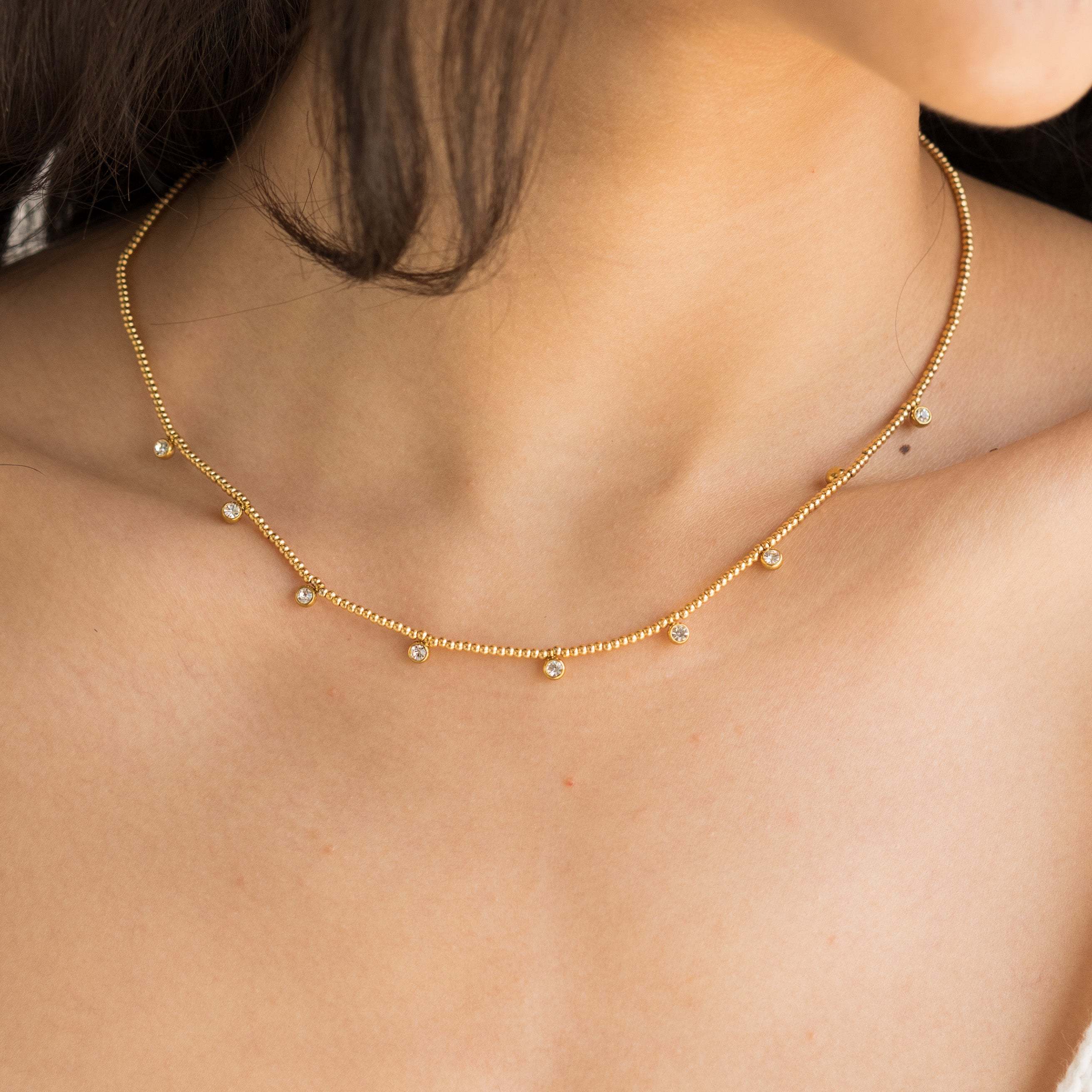 Waterproof Gold Beaded Crystal Necklace