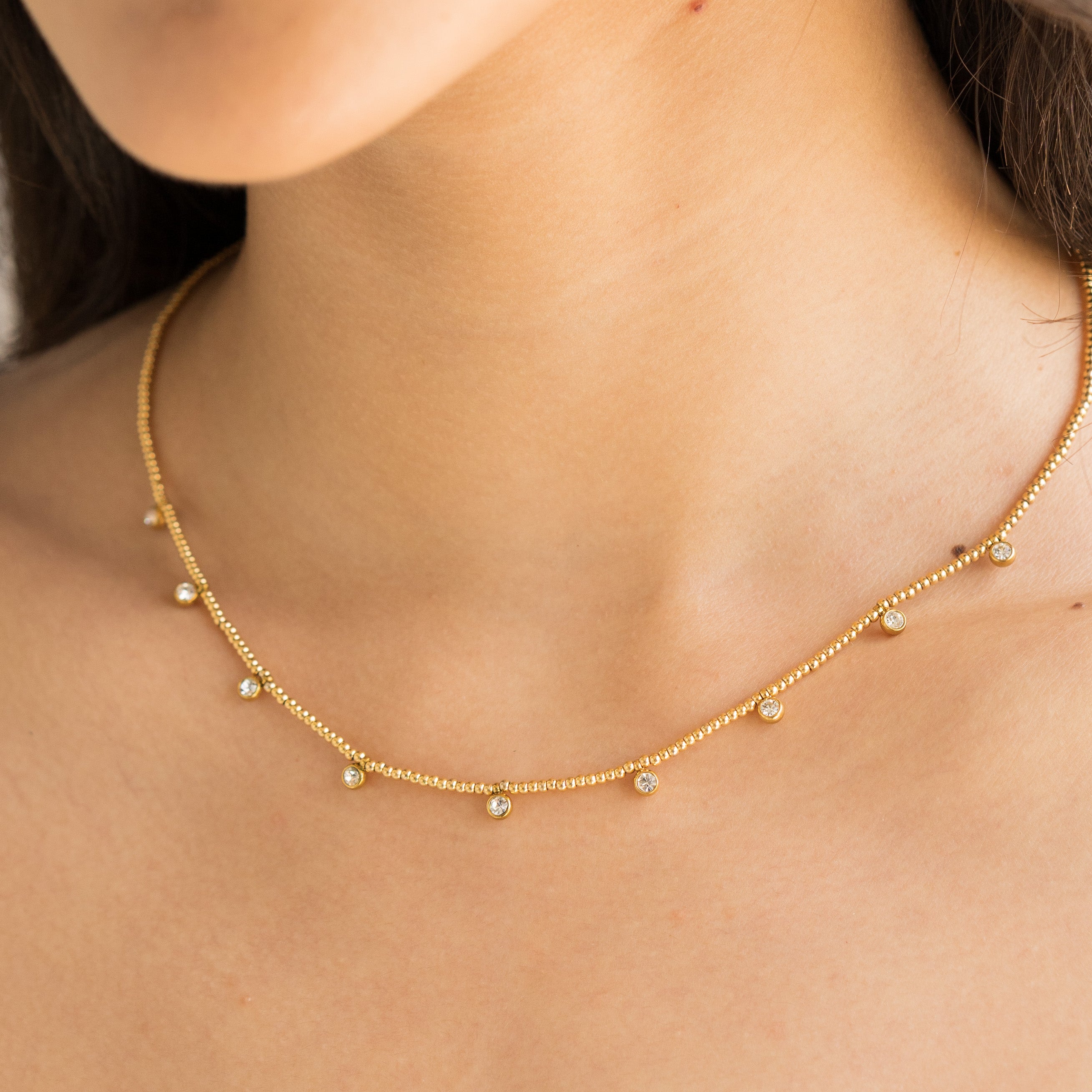 Waterproof Gold Beaded Crystal Necklace