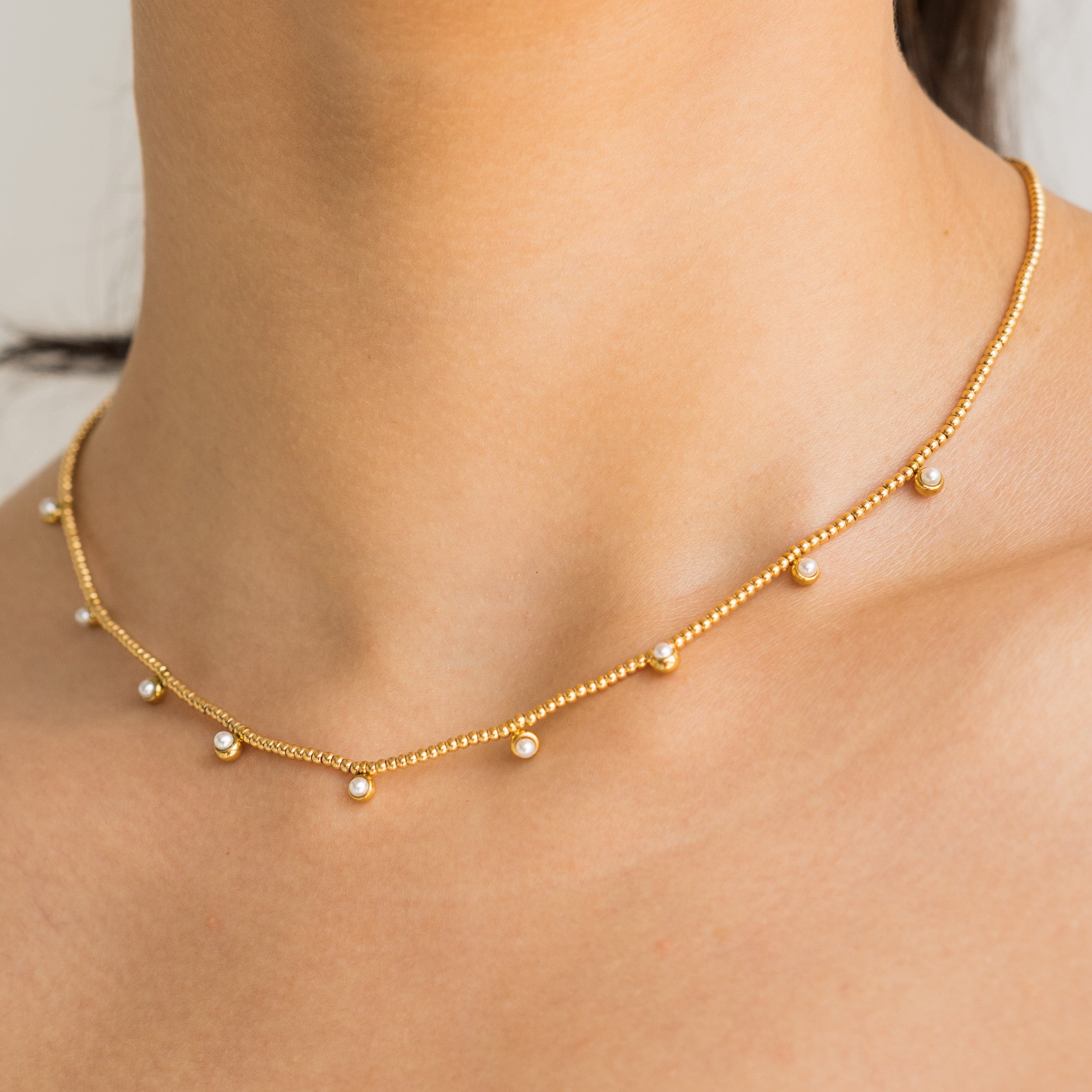 Waterproof Gold Beaded Pearls Necklace