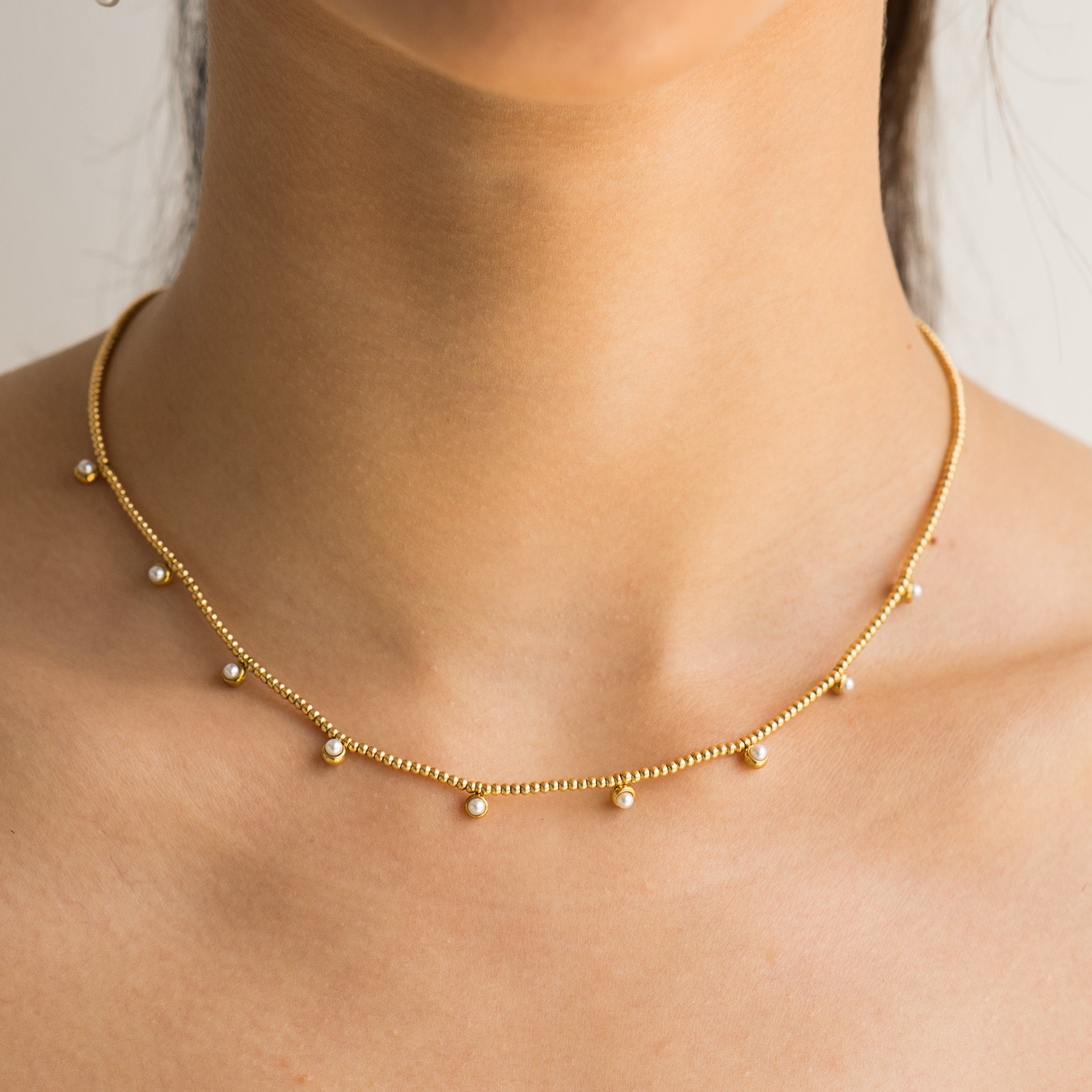 Waterproof Gold Beaded Pearls Necklace