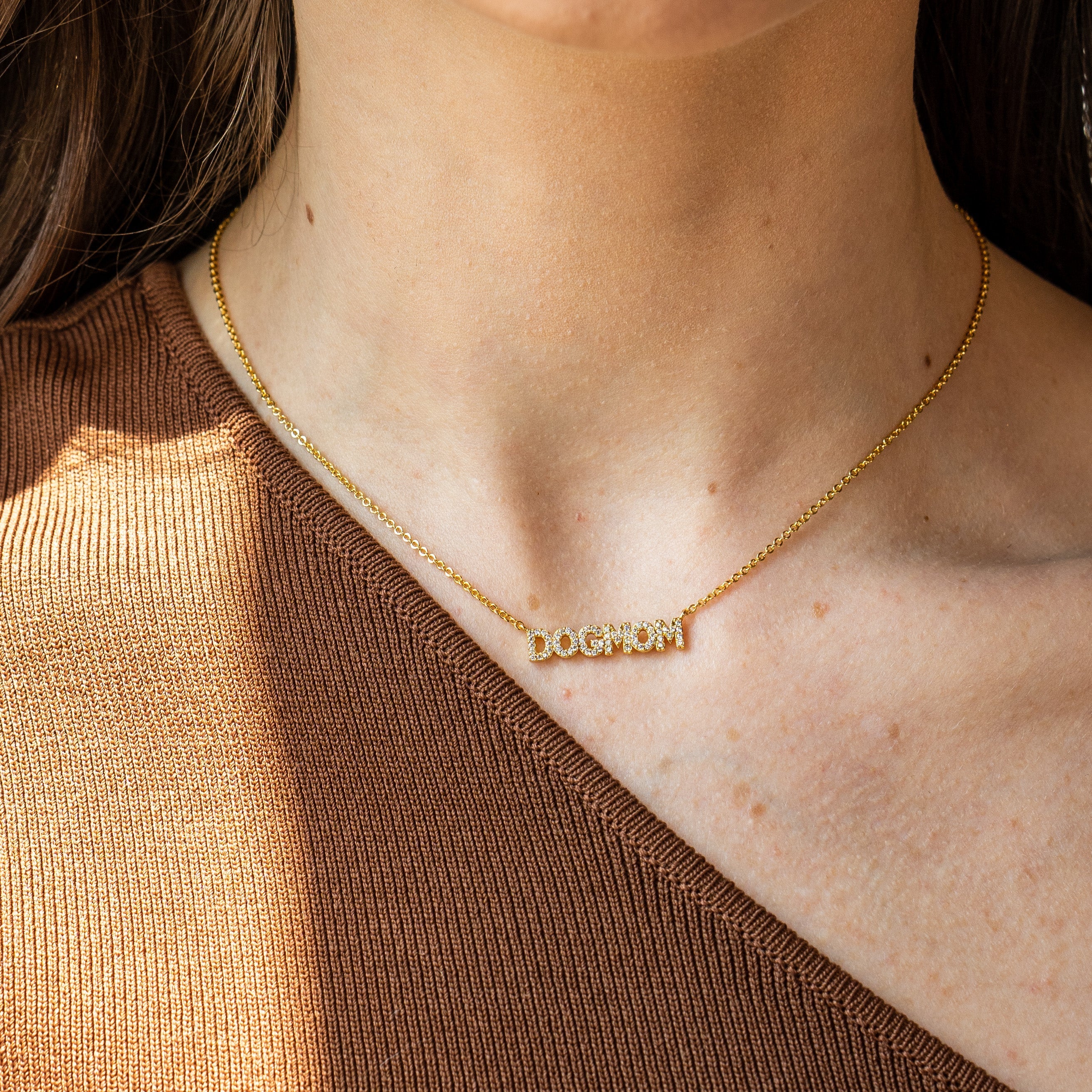 18K Gold Diamond Dog Mom Pendant Necklace