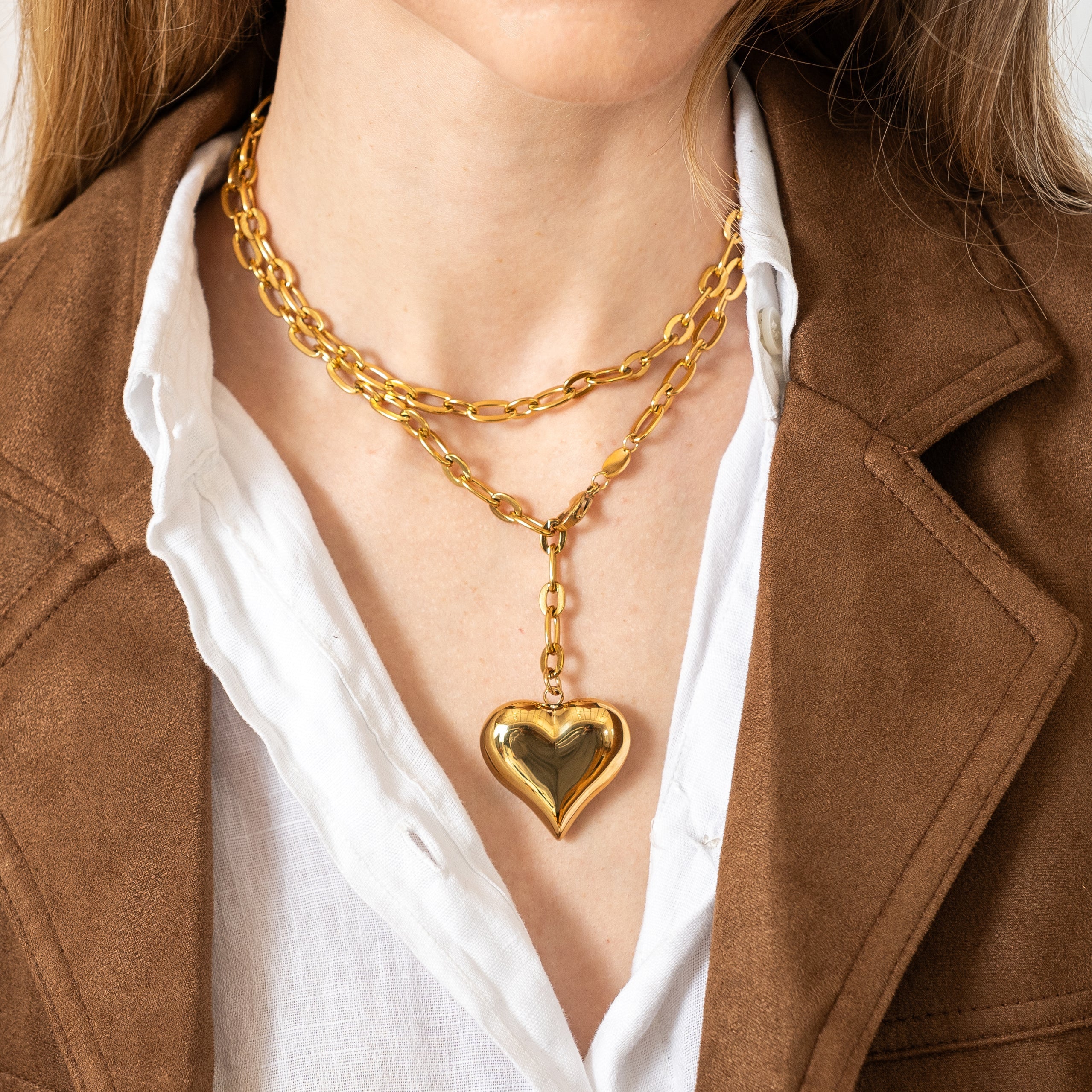 Waterproof Gold Statement Adjustable PUFFY Heart Necklace
