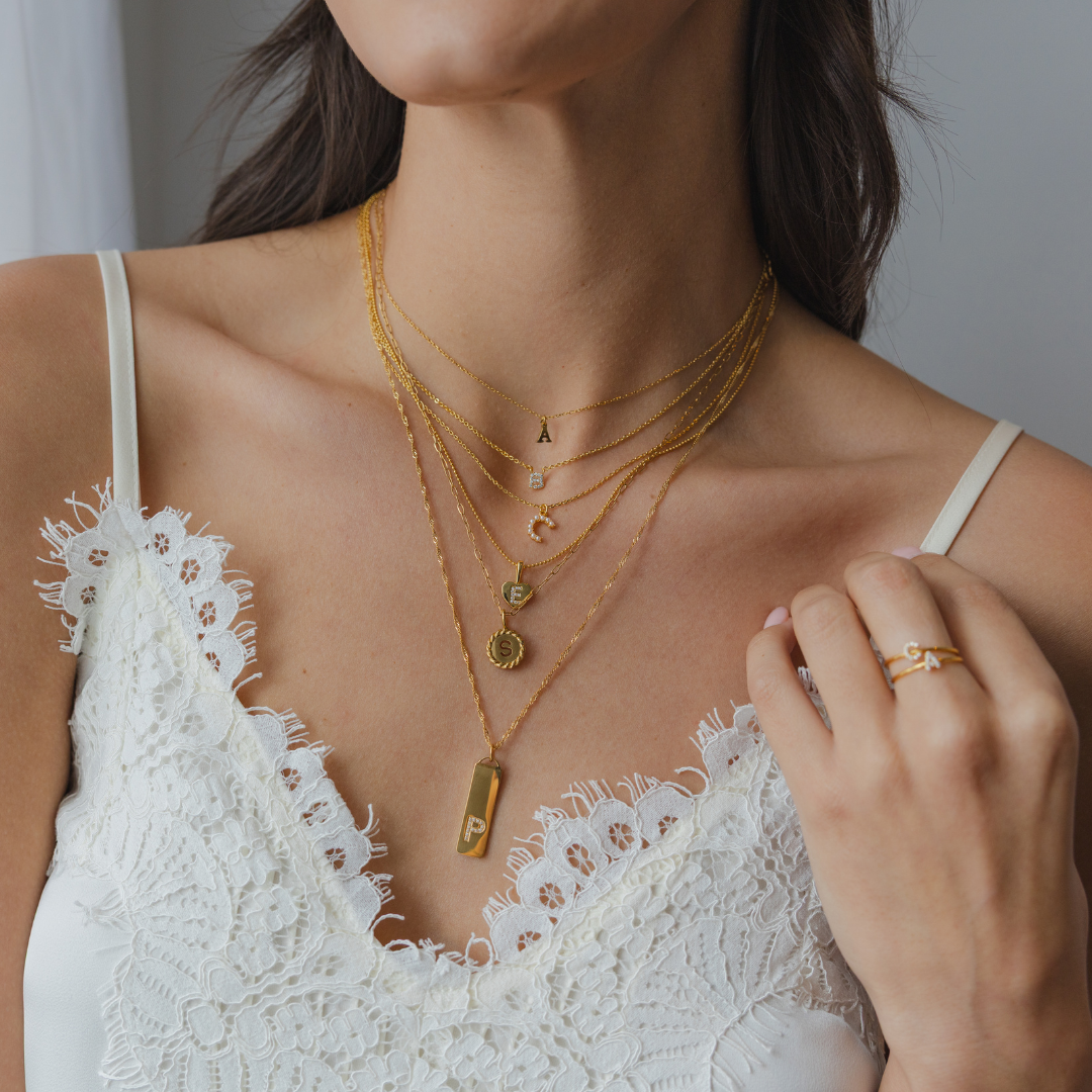 Waterproof Gold Initial Bar Pendant Necklace - Set of 16