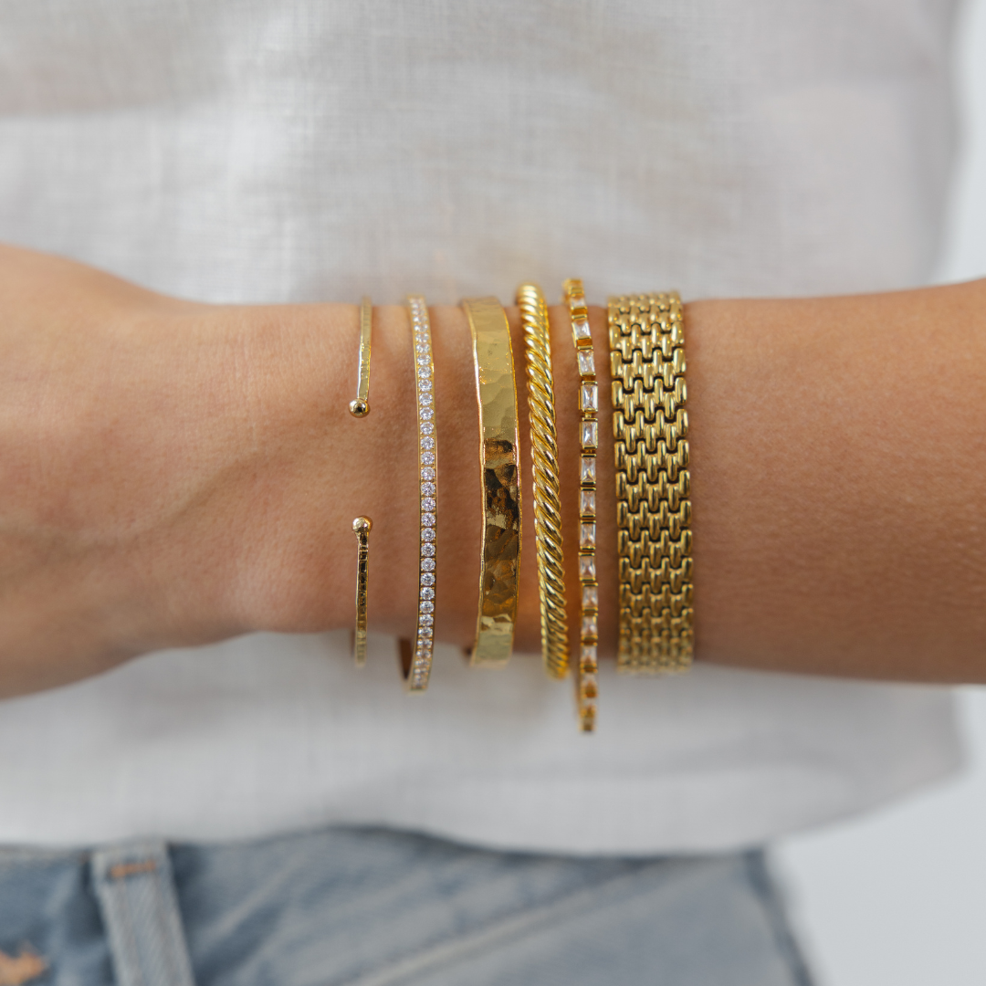 24K Gold Adjustable Thin Hammered Bangle