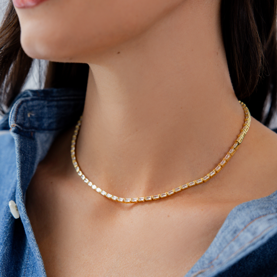 18K Gold Baguette Tennis Necklace