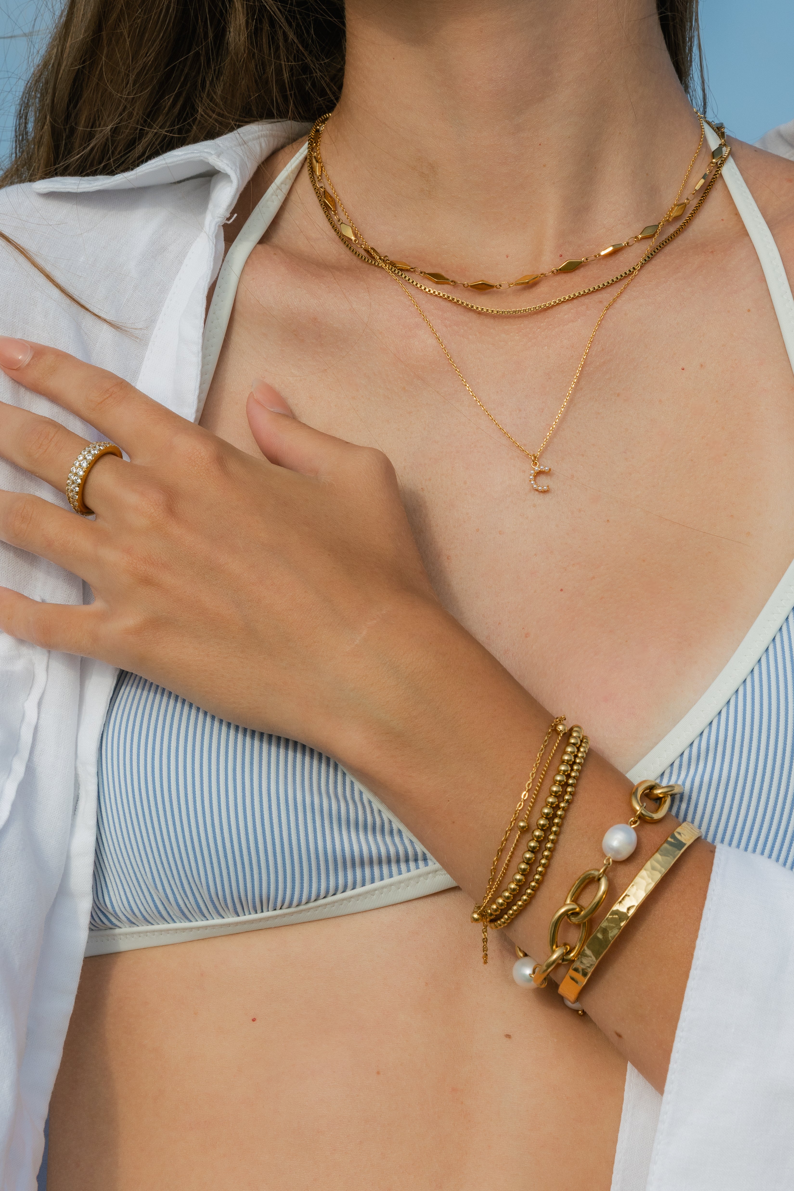 18K Gold Dainty Pearl Initial Pendant Necklace Set of 16