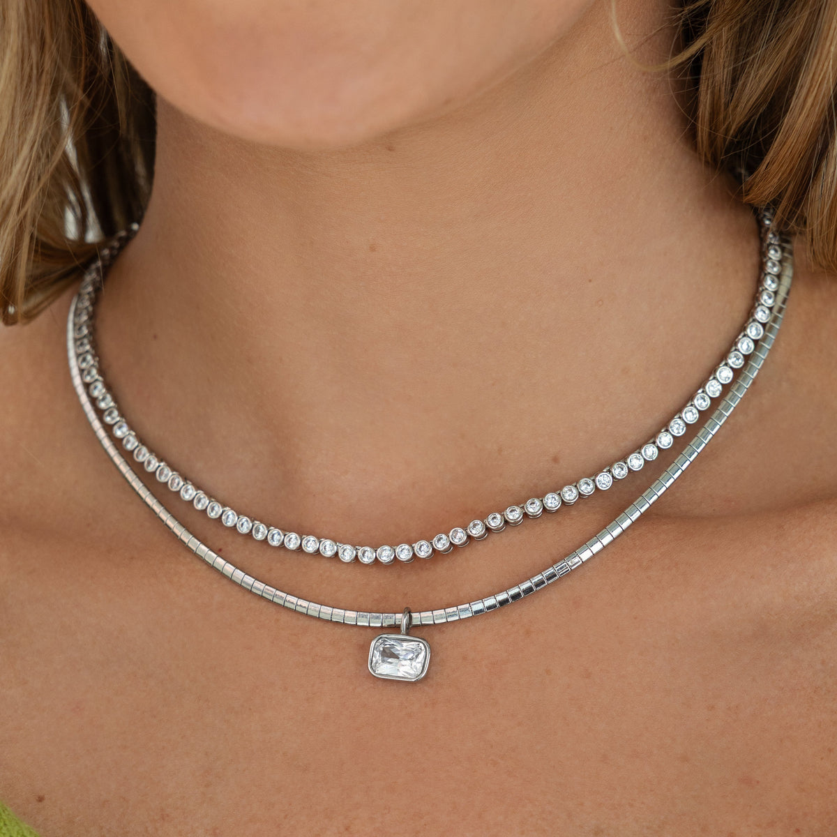 Omega Chain with Emerald cut crystal Charm - Silver