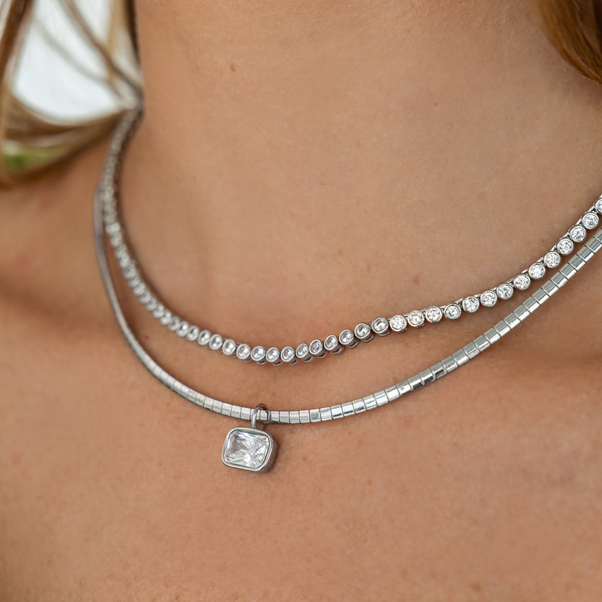 Omega Chain with Emerald cut crystal Charm - Silver