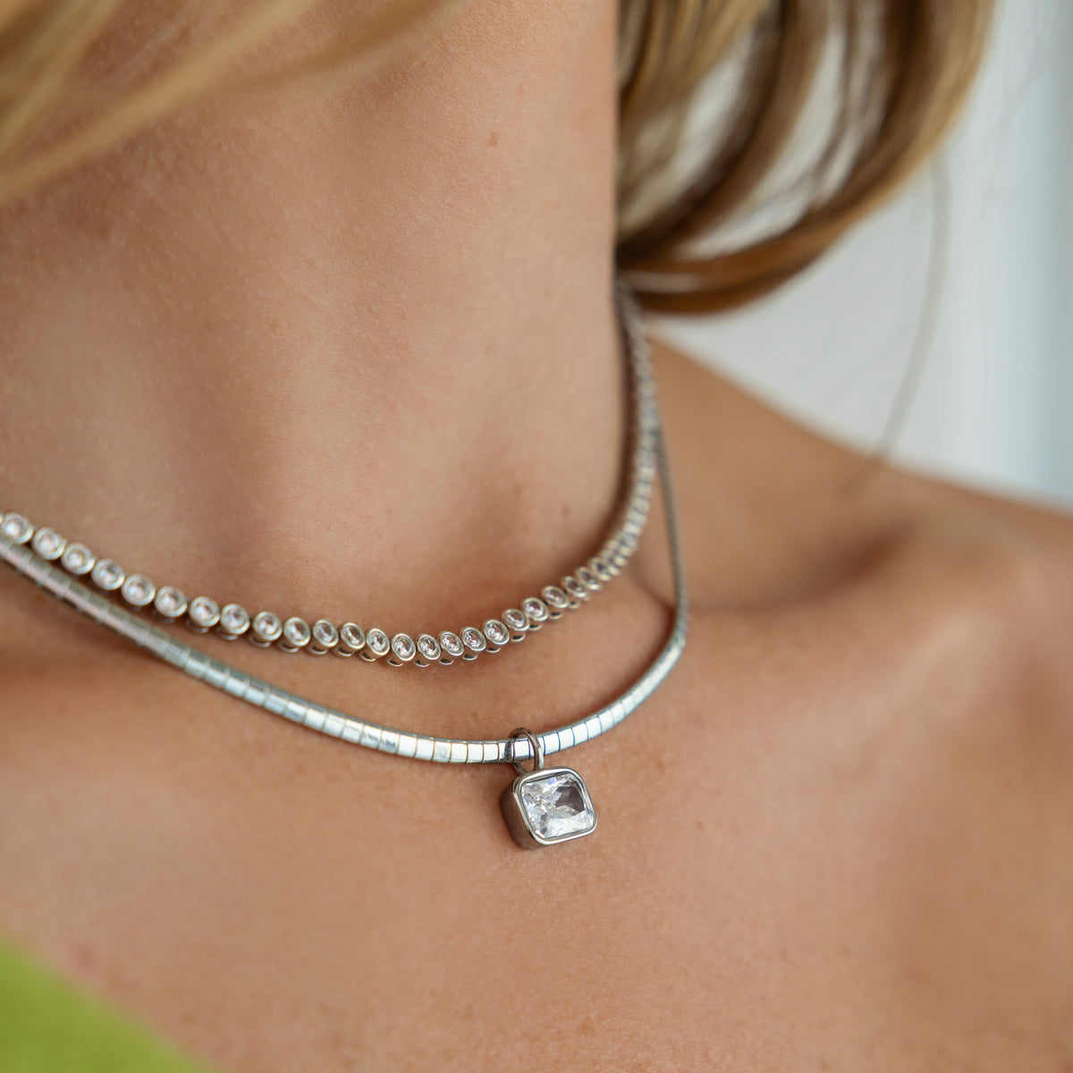 Omega Chain with Emerald cut crystal Charm - Silver