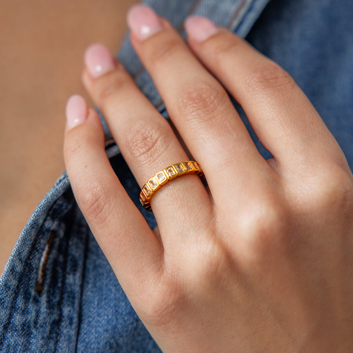 18K Gold Tennis Emerald Cut Ring