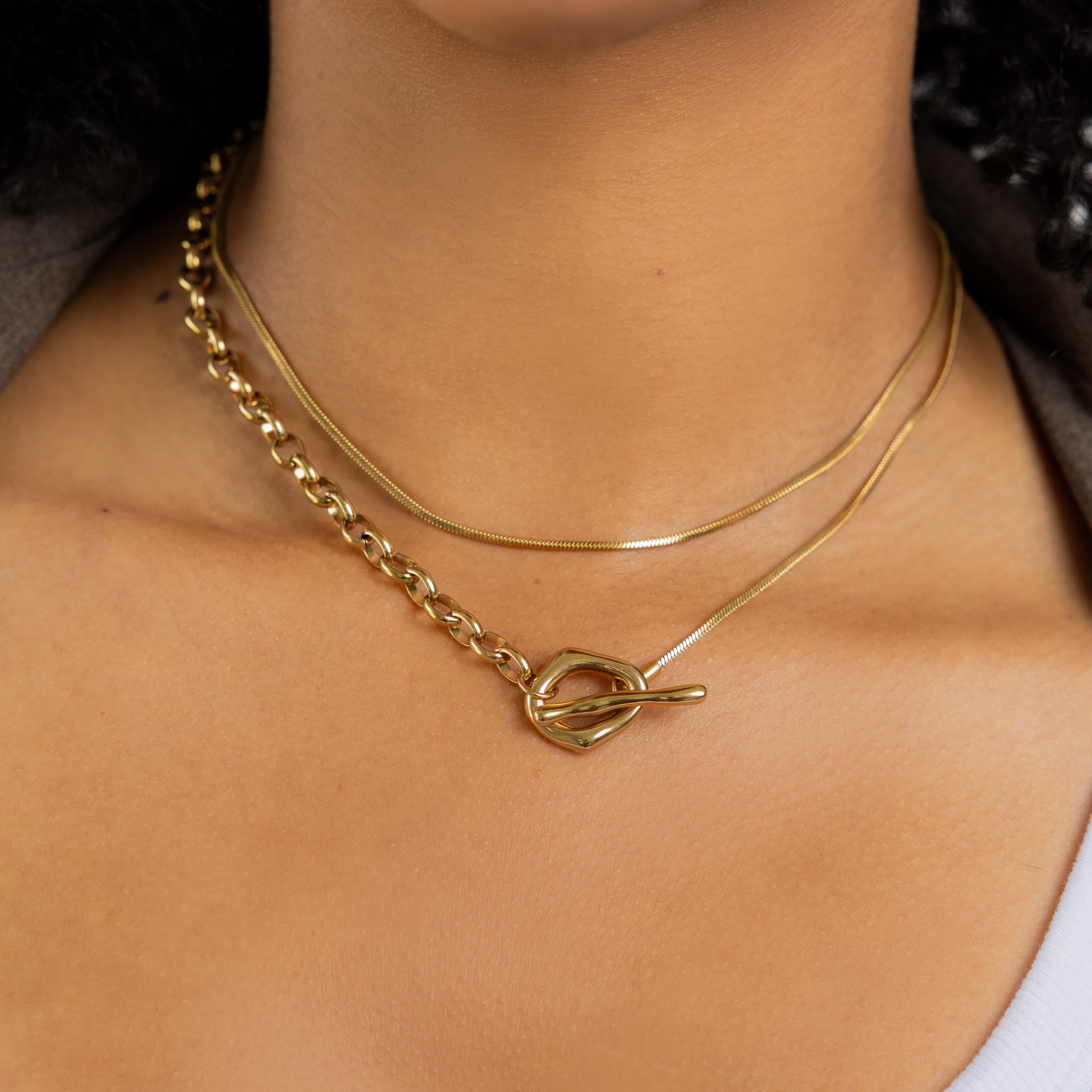 Waterproof Gold Double Oval Lariat Necklace