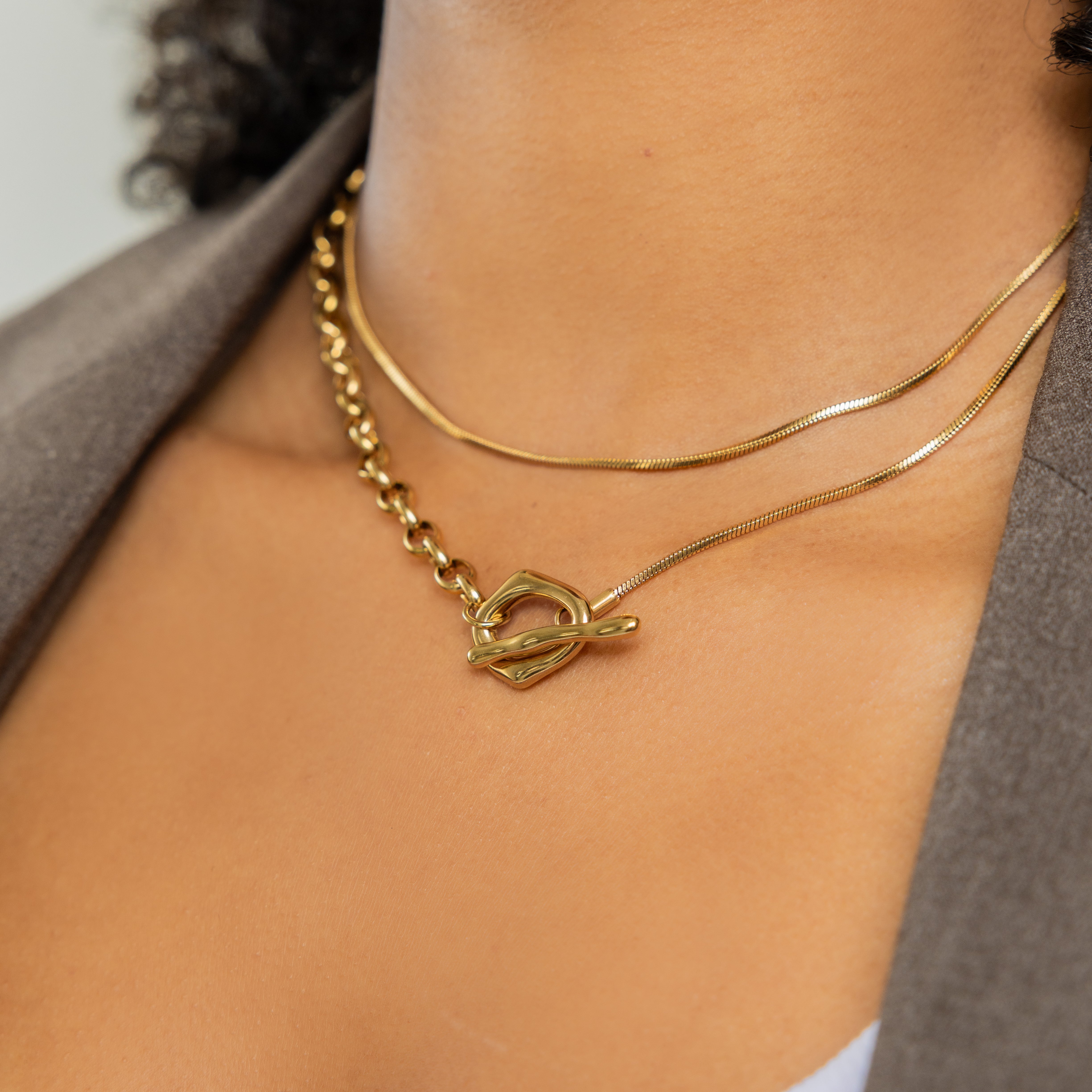 Waterproof Gold Double Oval Lariat Necklace