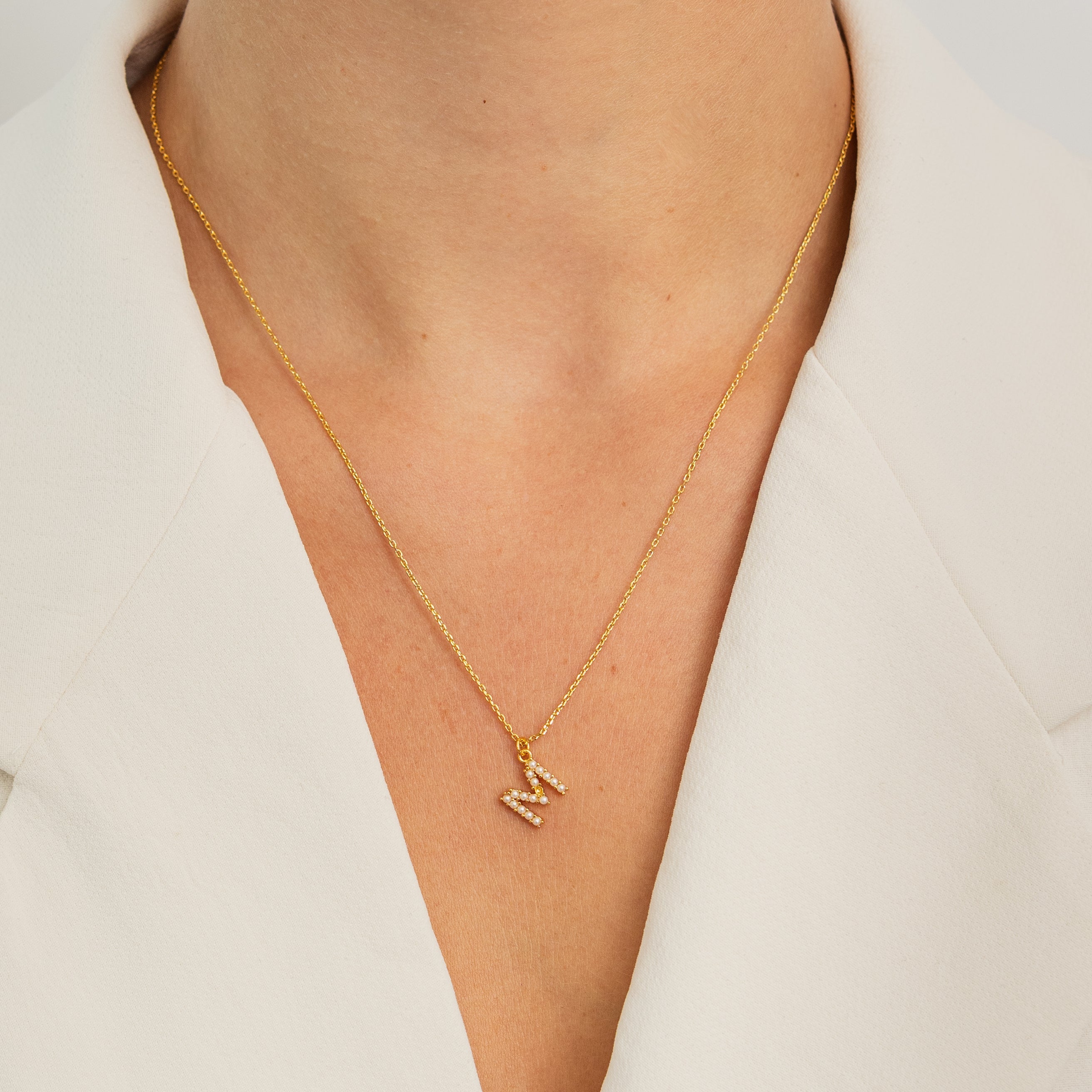 18K Gold Dainty Pearl Initial Pendant Necklace Set of 16