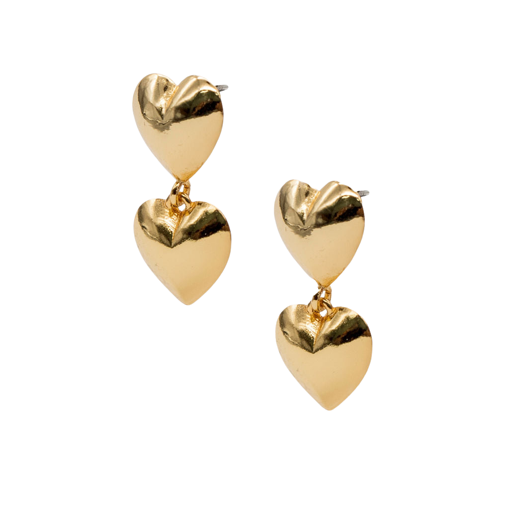 24K Gold Double Heart Drop Earrings