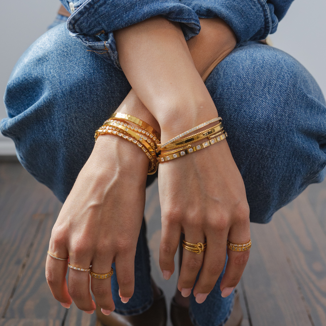 Waterproof Gold Structured Diamond Bangle